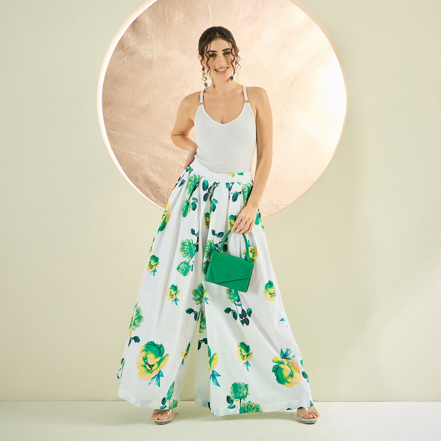 White and Green Floral Wide Leg Pants