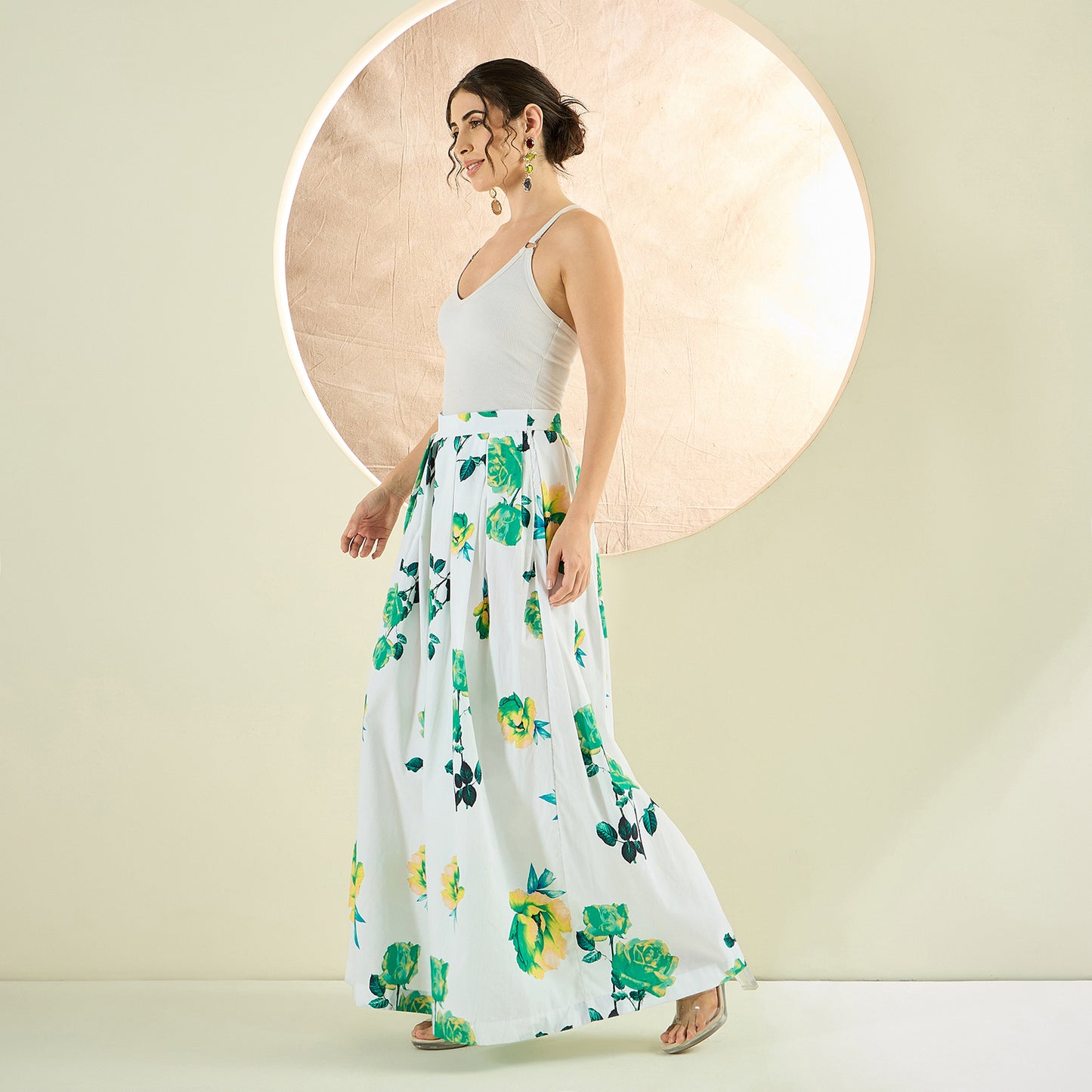 White and Green Floral Wide Leg Pants