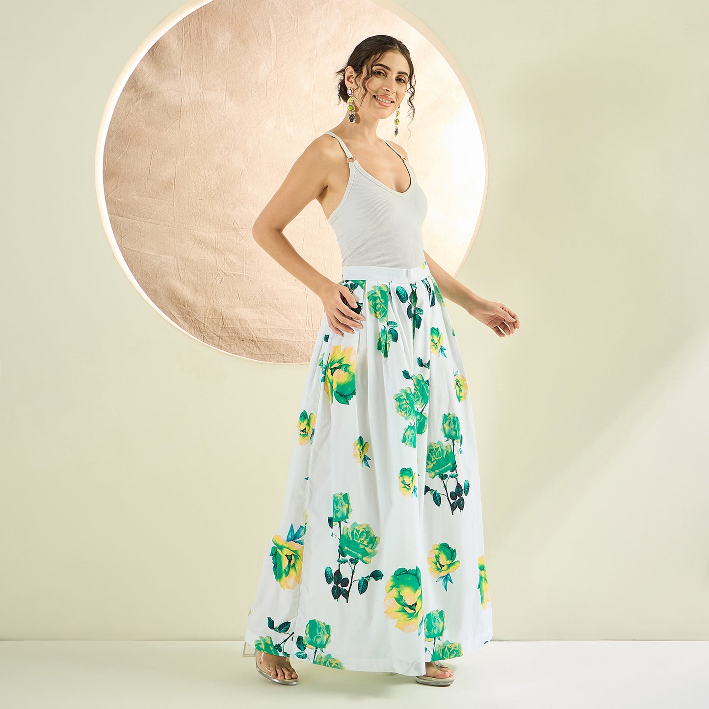 White and Green Floral Wide Leg Pants