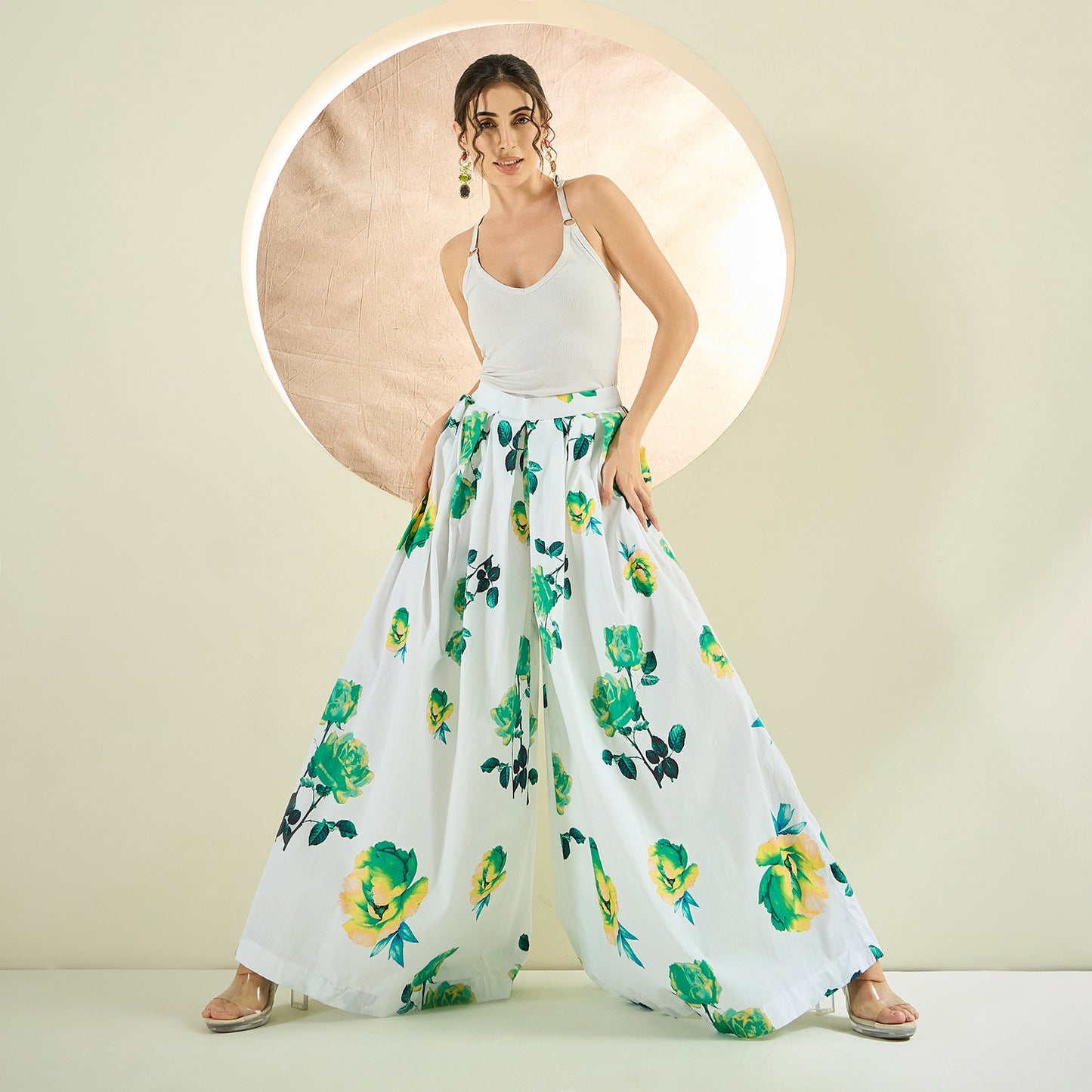 White and Green Floral Wide Leg Pants