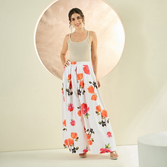 White and Orange Floral Wide Leg Pants