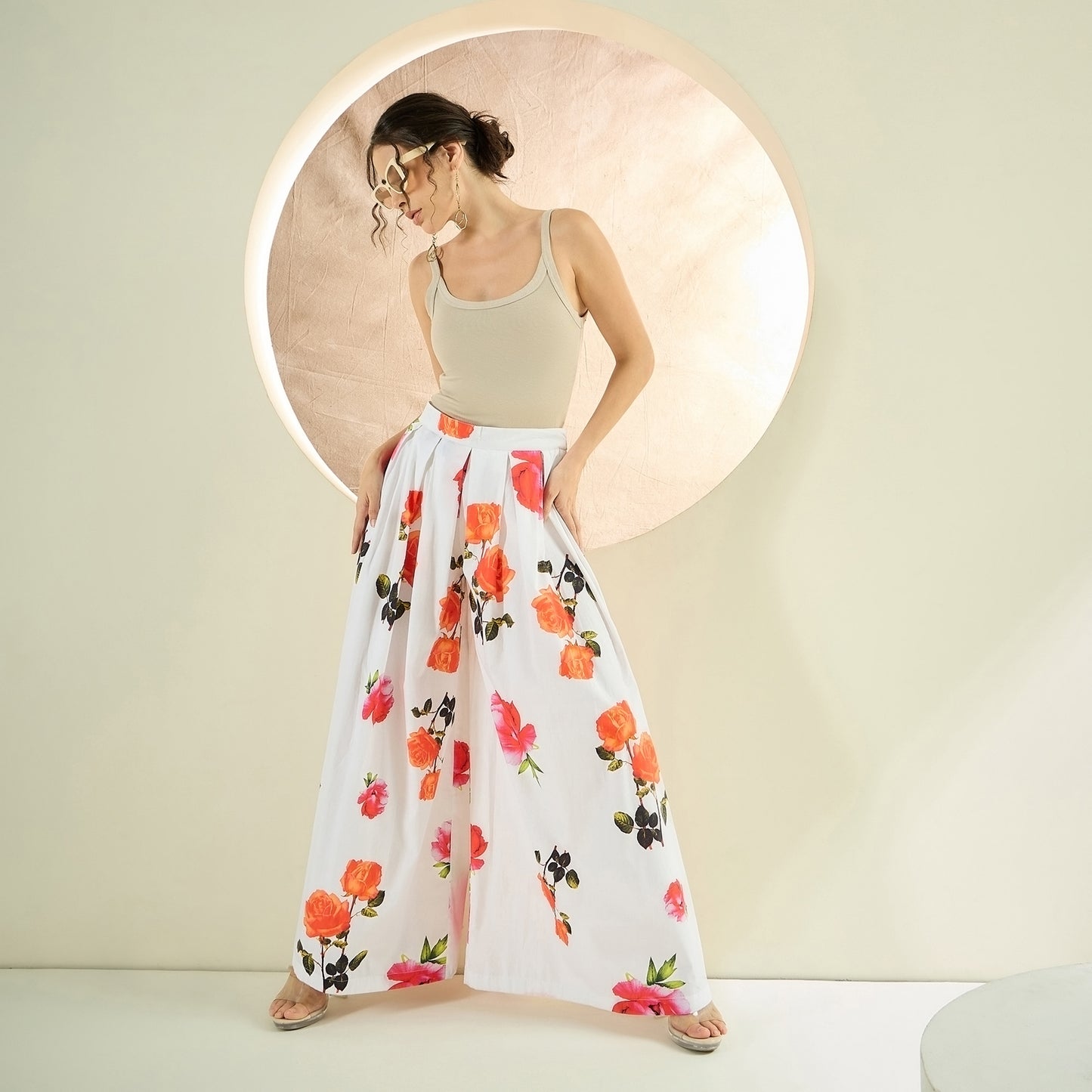 White and Orange Floral Wide Leg Pants