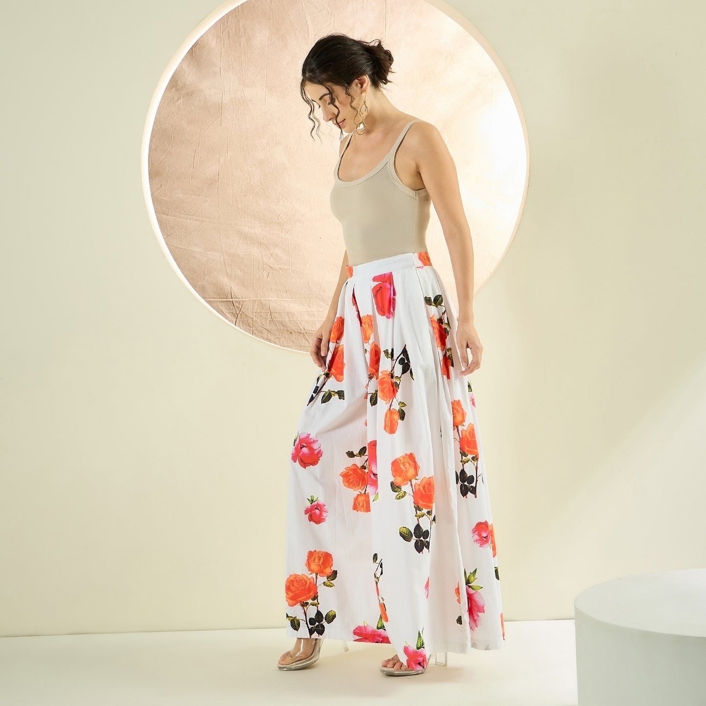 White and Orange Floral Wide Leg Pants