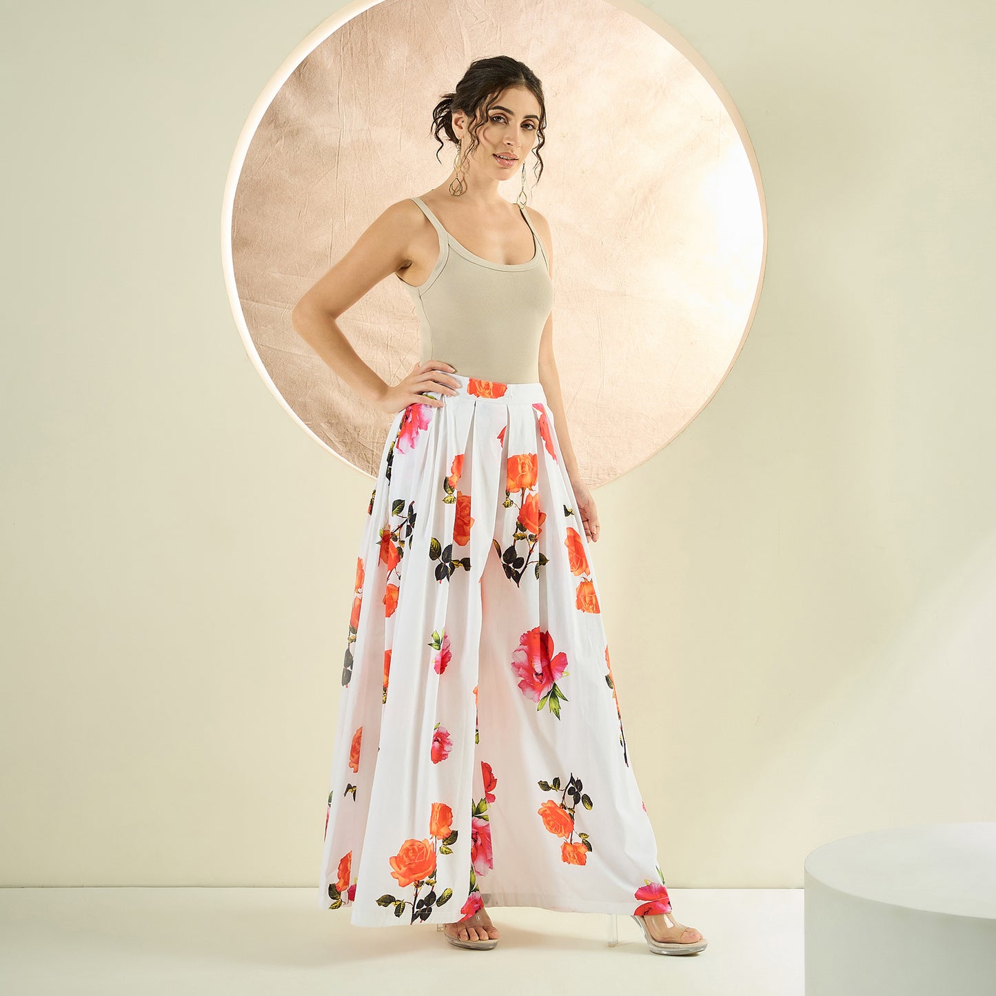 White and Orange Floral Wide Leg Pants