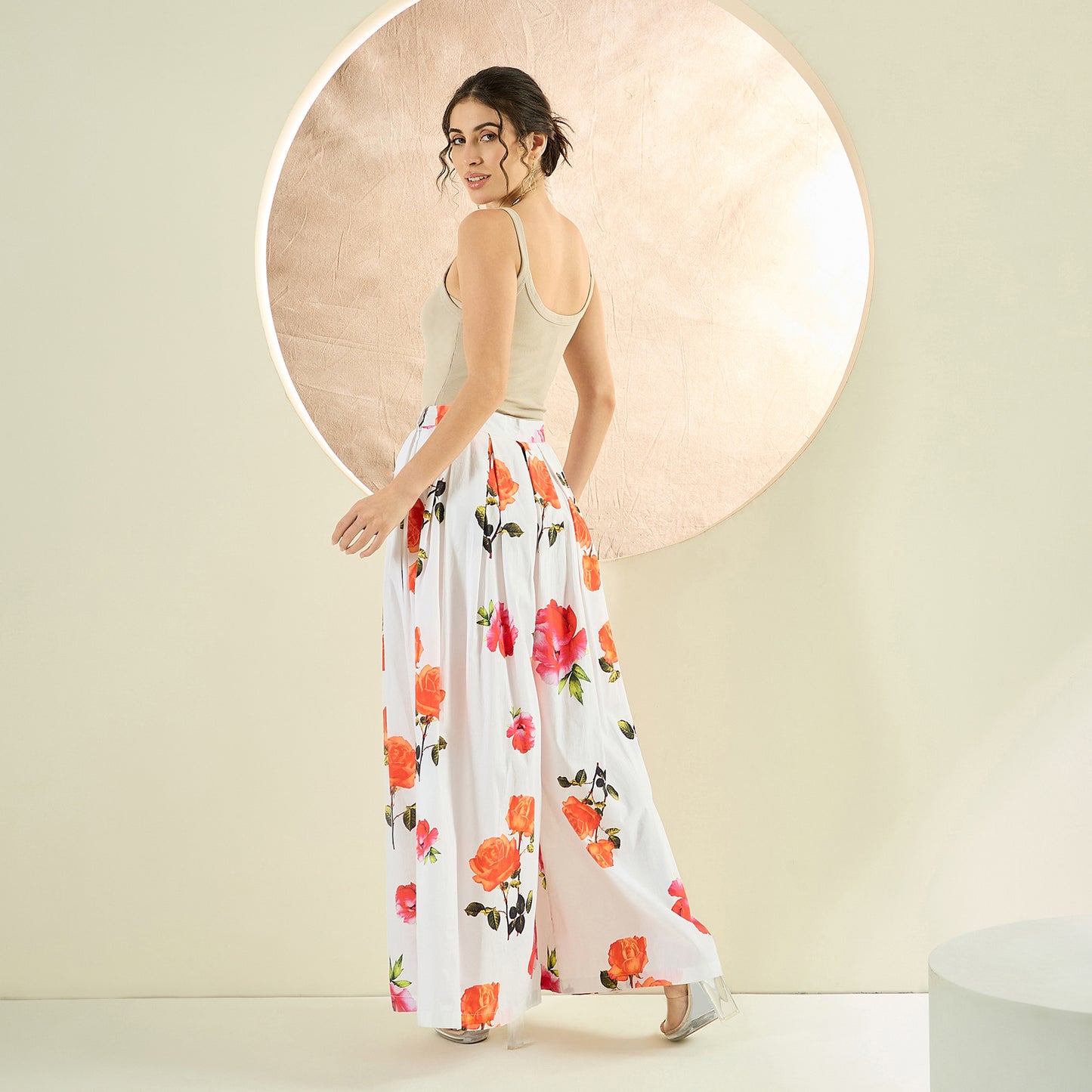 White and Orange Floral Wide Leg Pants