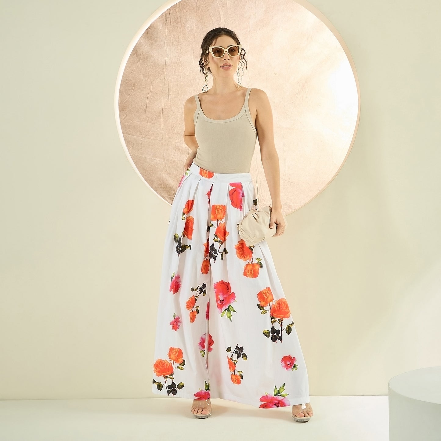 White and Orange Floral Wide Leg Pants