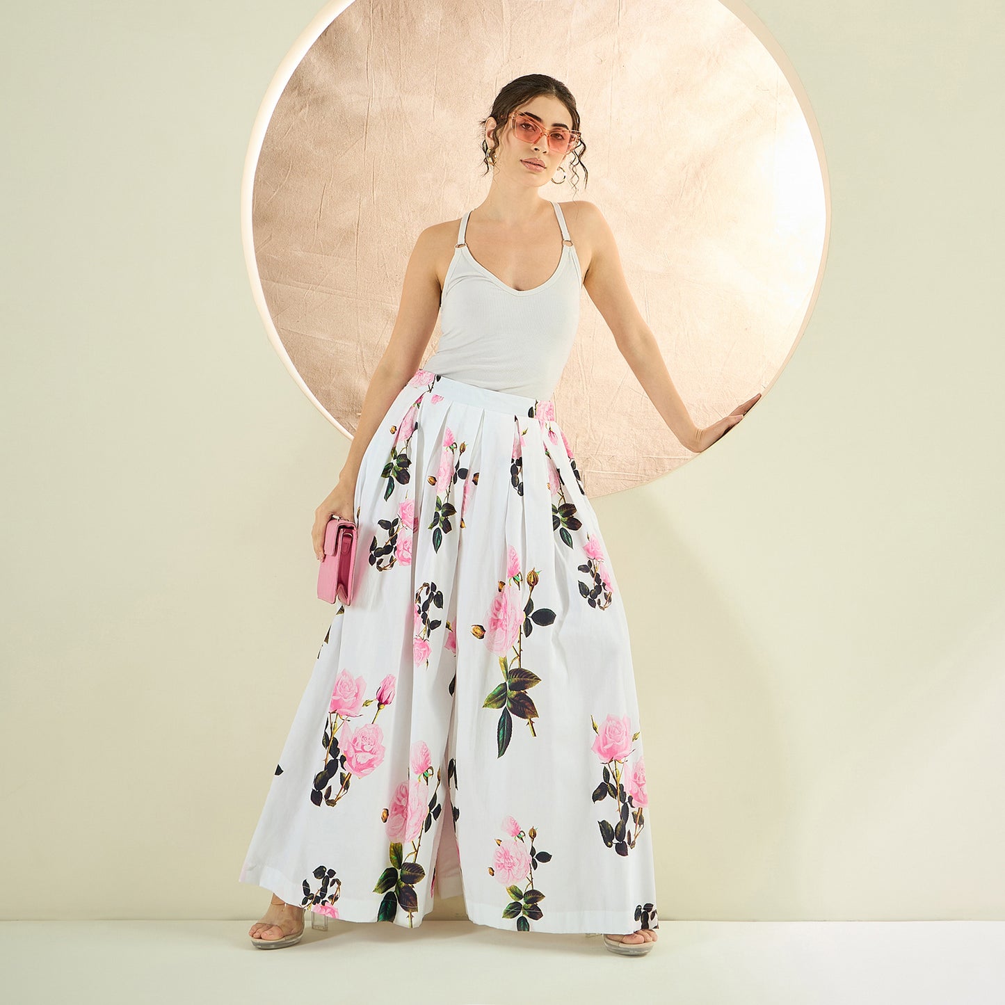 White and Pink Floral Wide Leg Pants