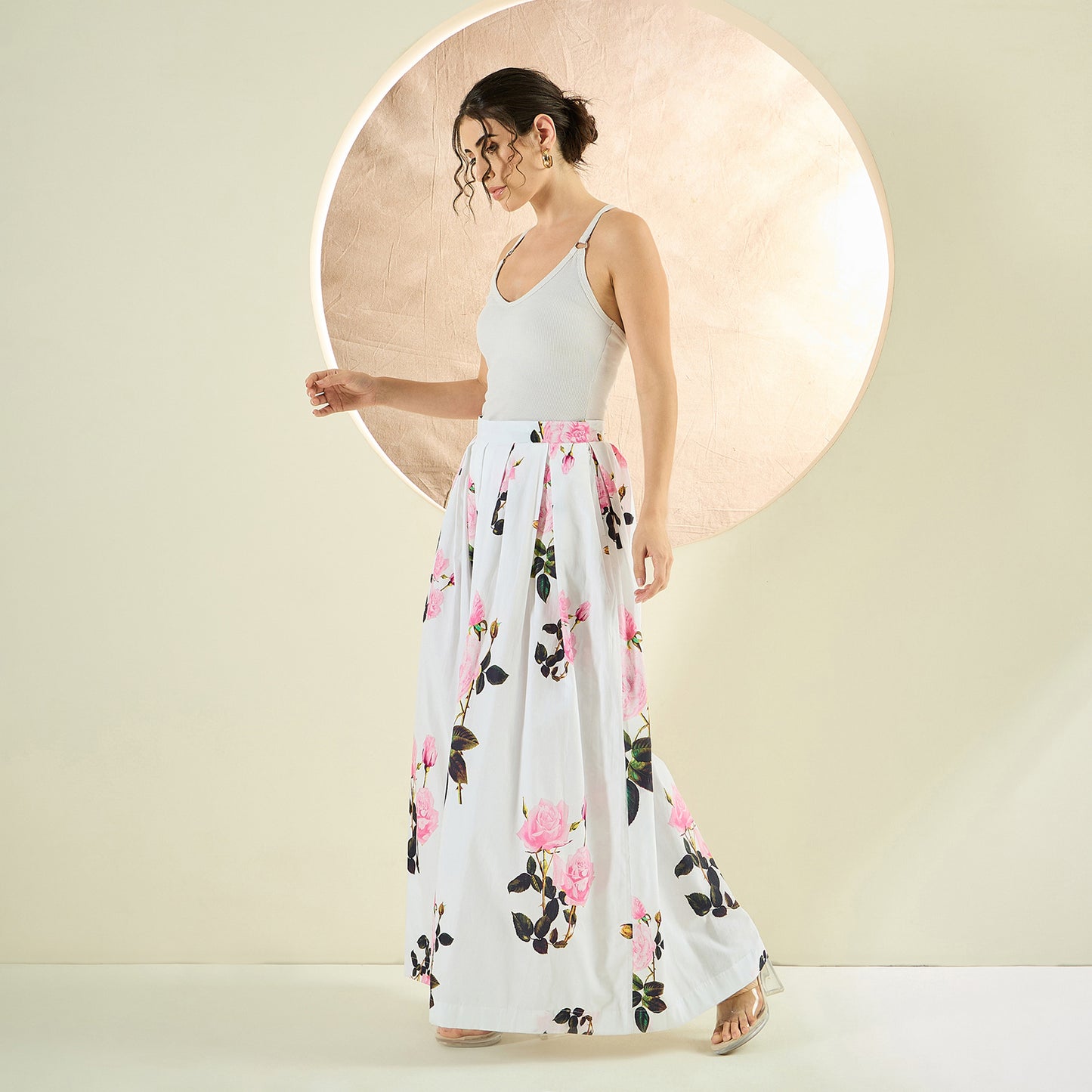 White and Pink Floral Wide Leg Pants