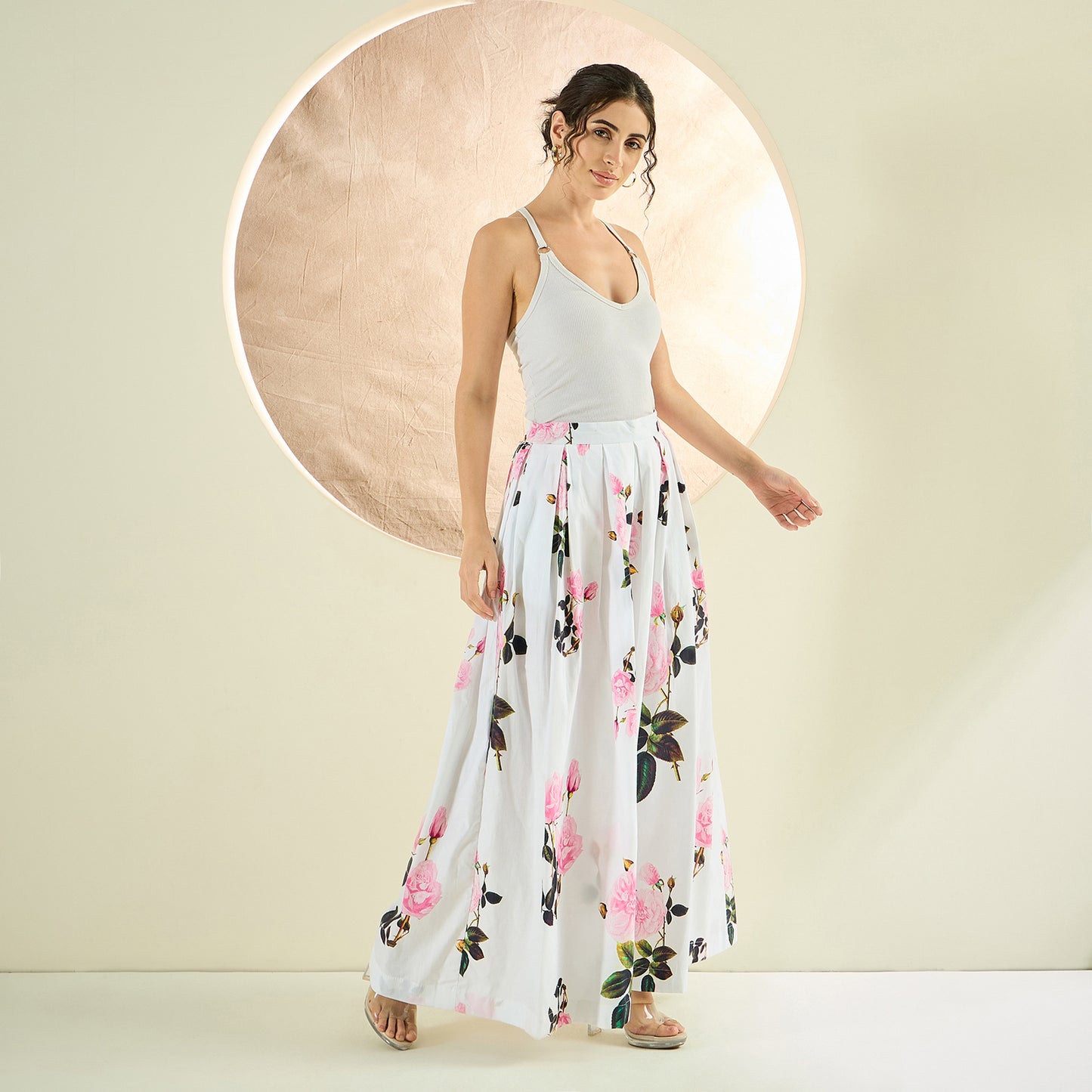 White and Pink Floral Wide Leg Pants