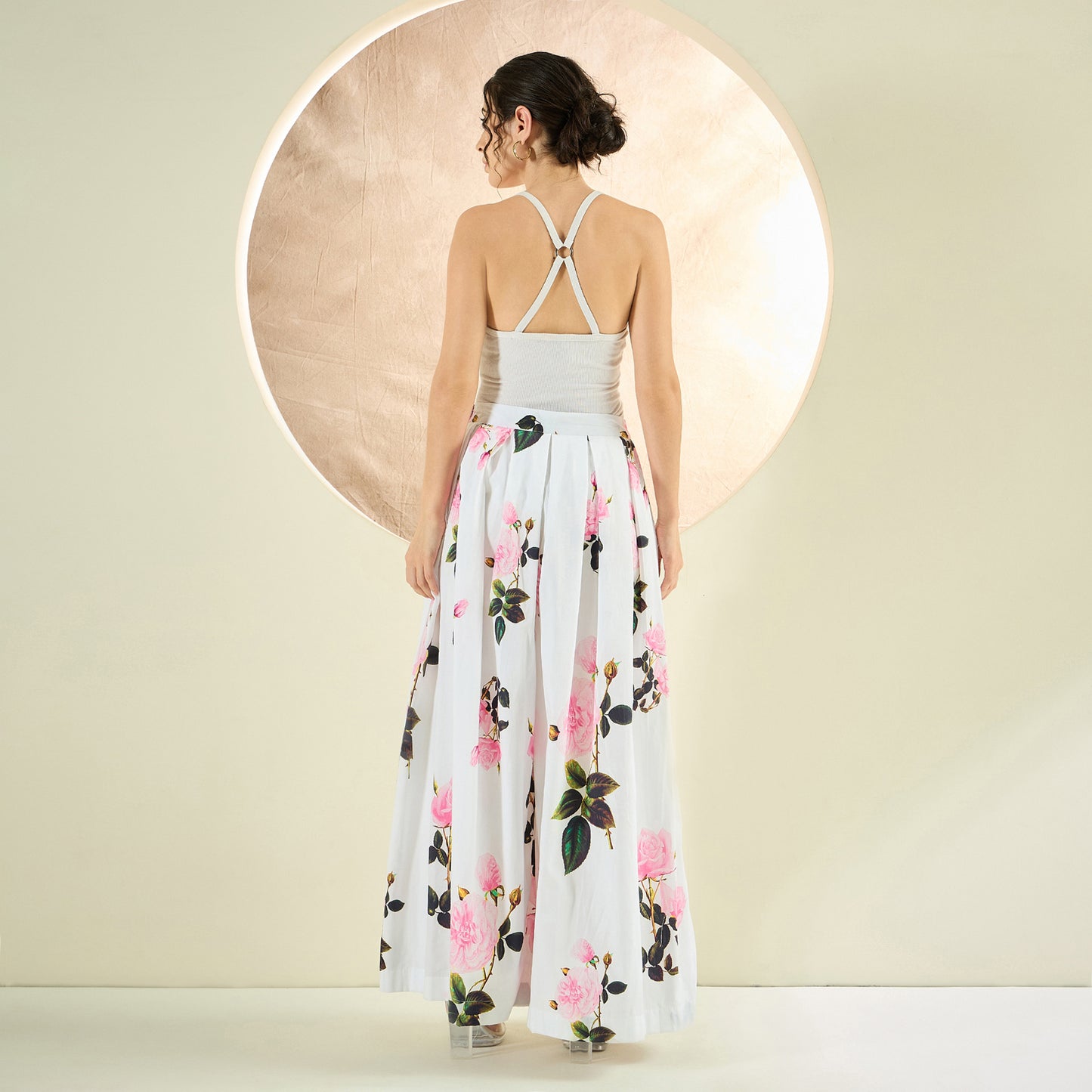 White and Pink Floral Wide Leg Pants