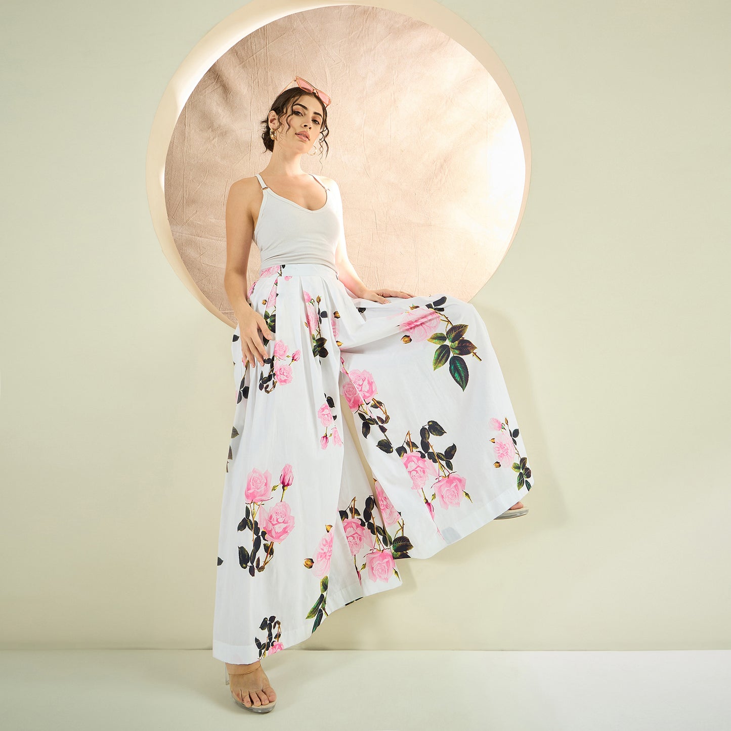 White and Pink Floral Wide Leg Pants