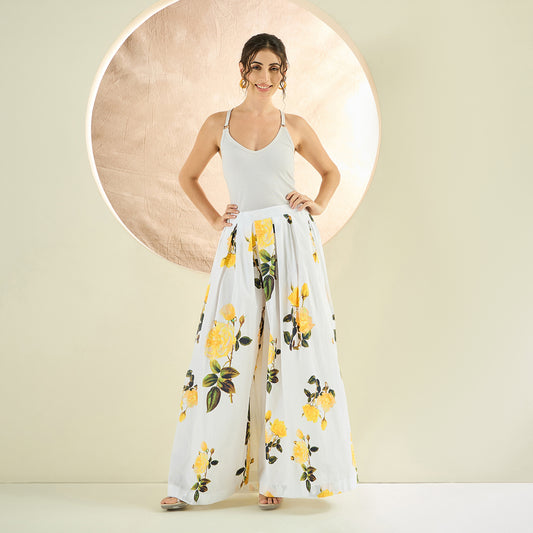 White and Yellow Floral Wide Leg Pants