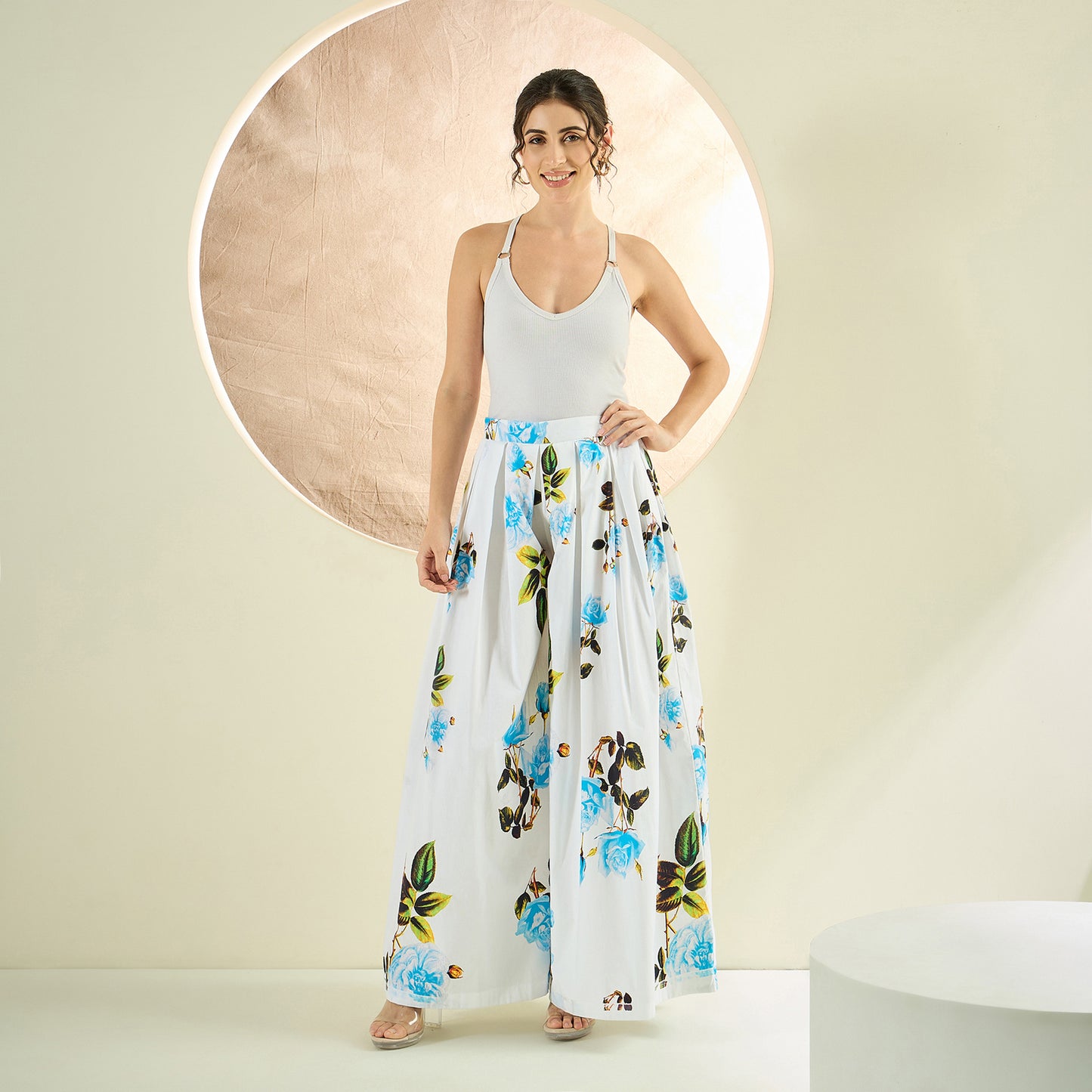 White and Light Blue Floral Wide Leg Pants