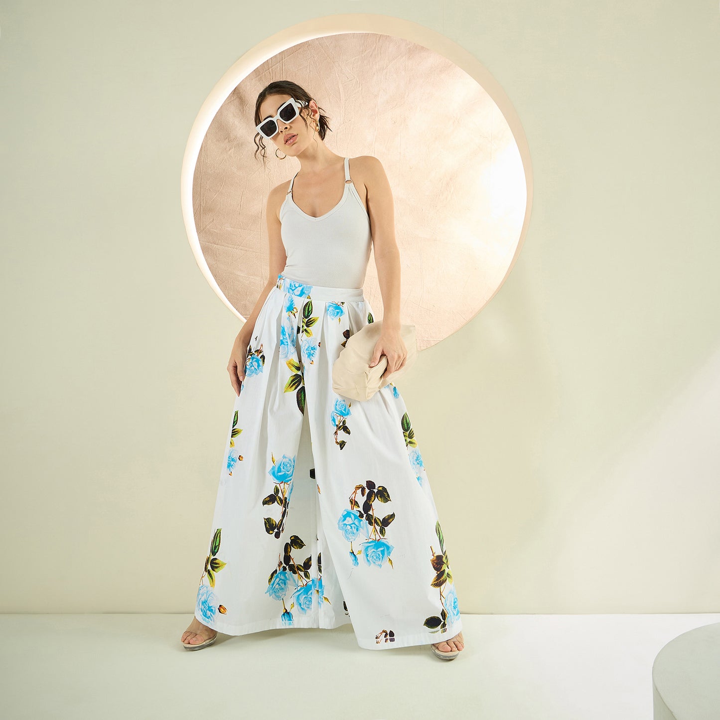 White and Light Blue Floral Wide Leg Pants