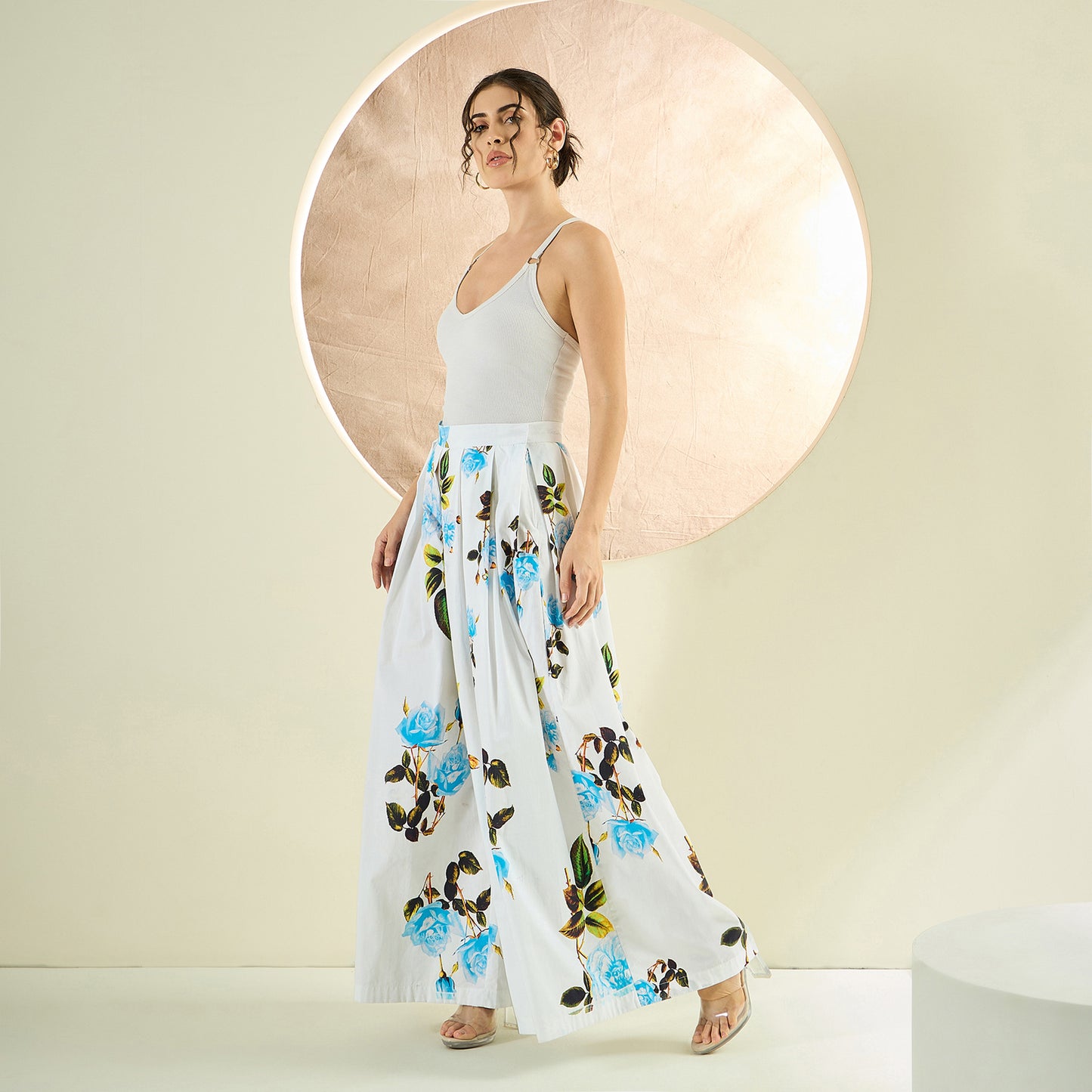 White and Light Blue Floral Wide Leg Pants