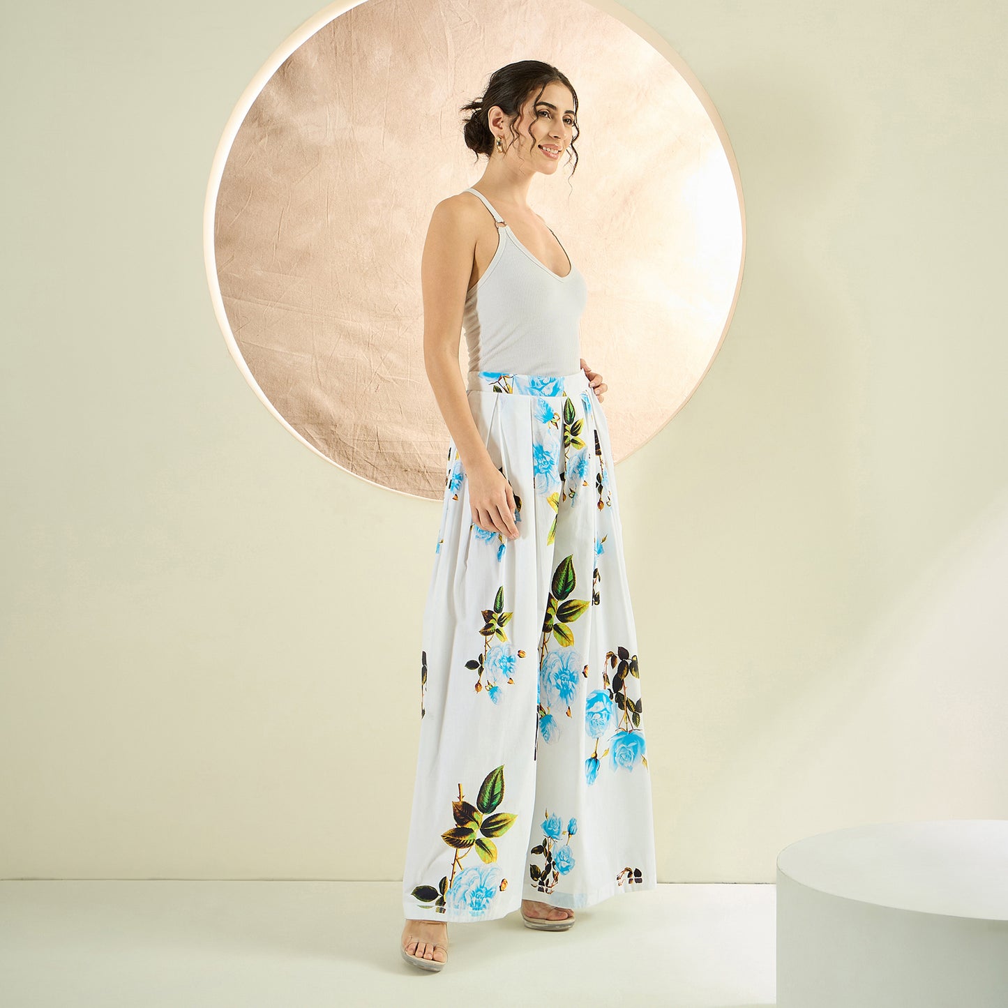 White and Light Blue Floral Wide Leg Pants