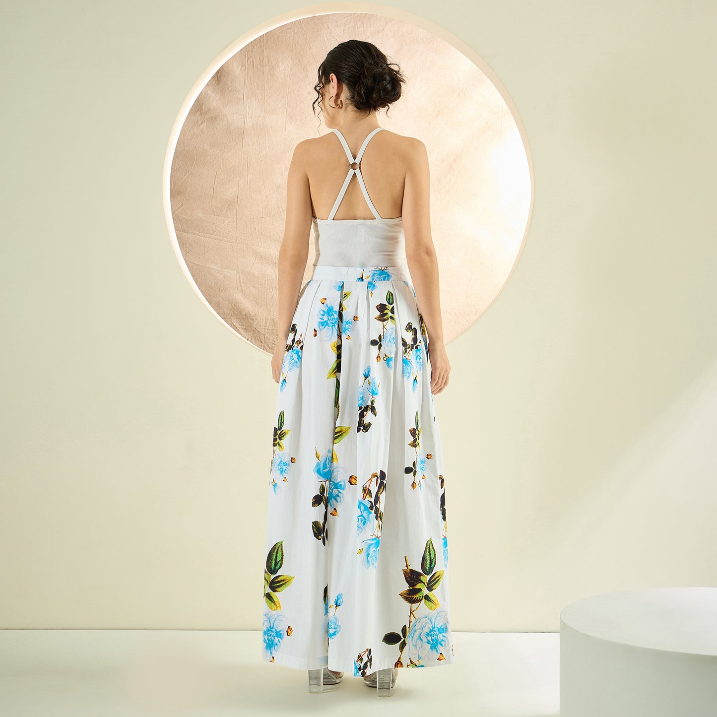 White and Light Blue Floral Wide Leg Pants