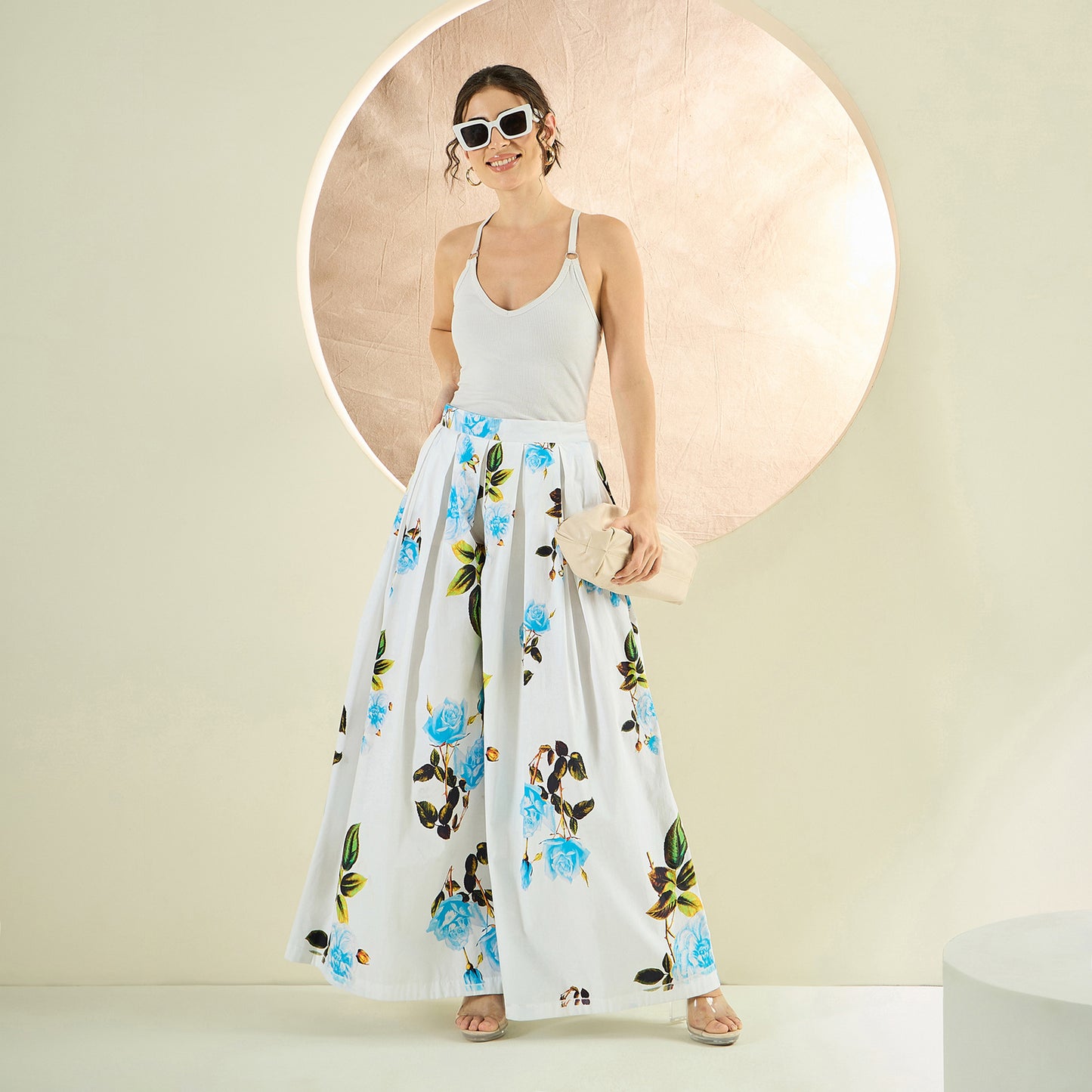 White and Light Blue Floral Wide Leg Pants