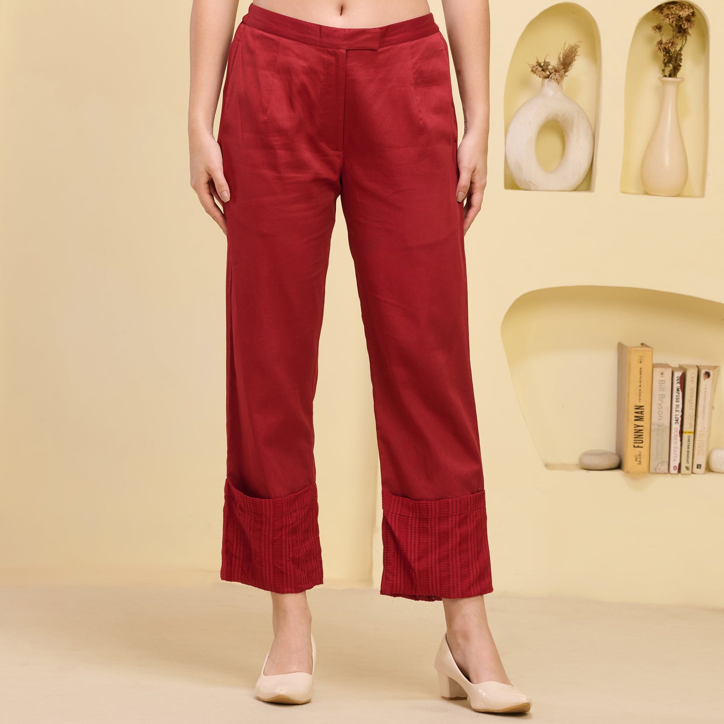 Red Folded Hem Straight Trouser