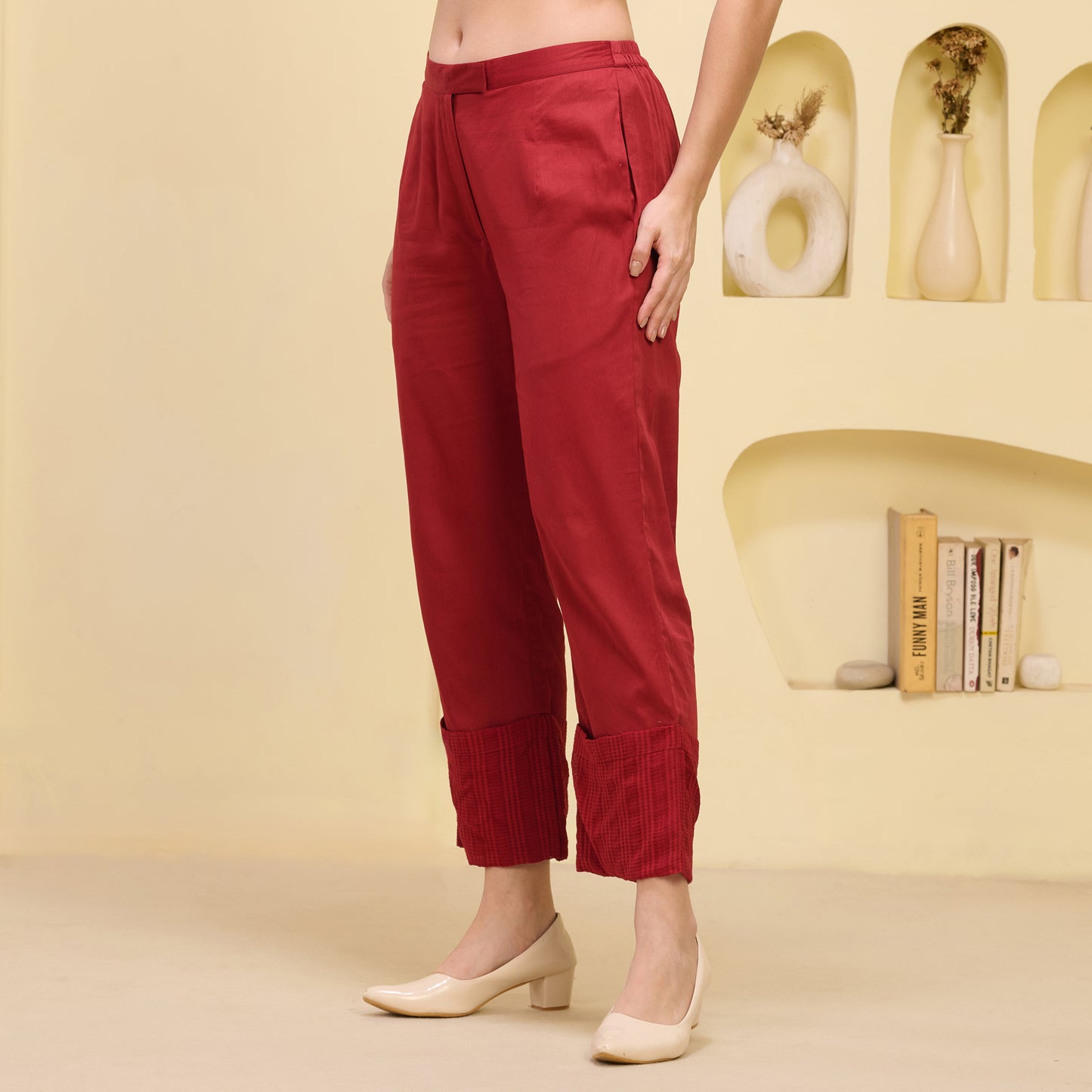 Red Folded Hem Straight Trouser