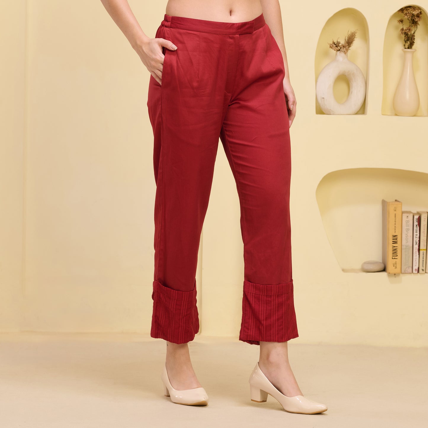 Red Folded Hem Straight Trouser