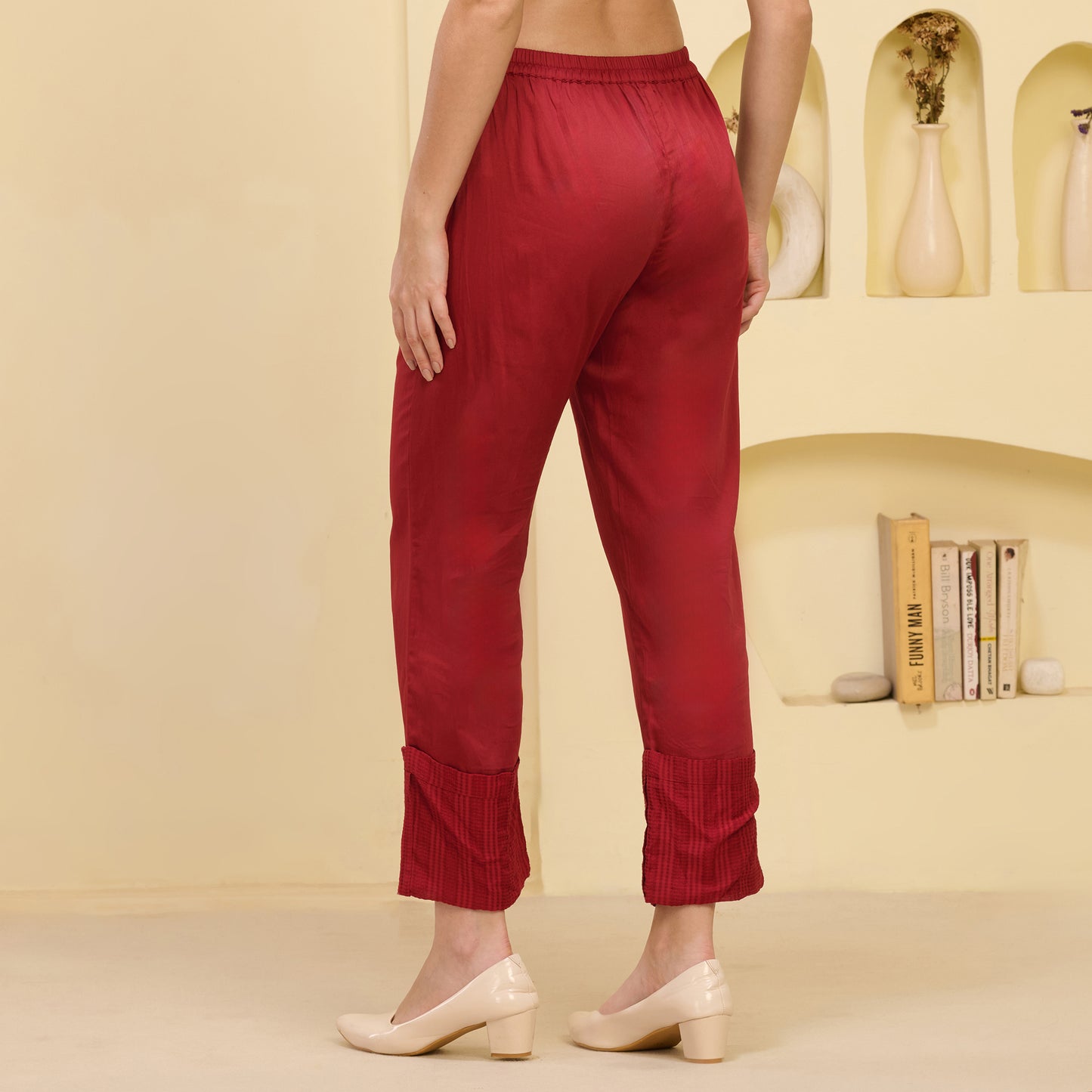 Red Folded Hem Straight Trouser