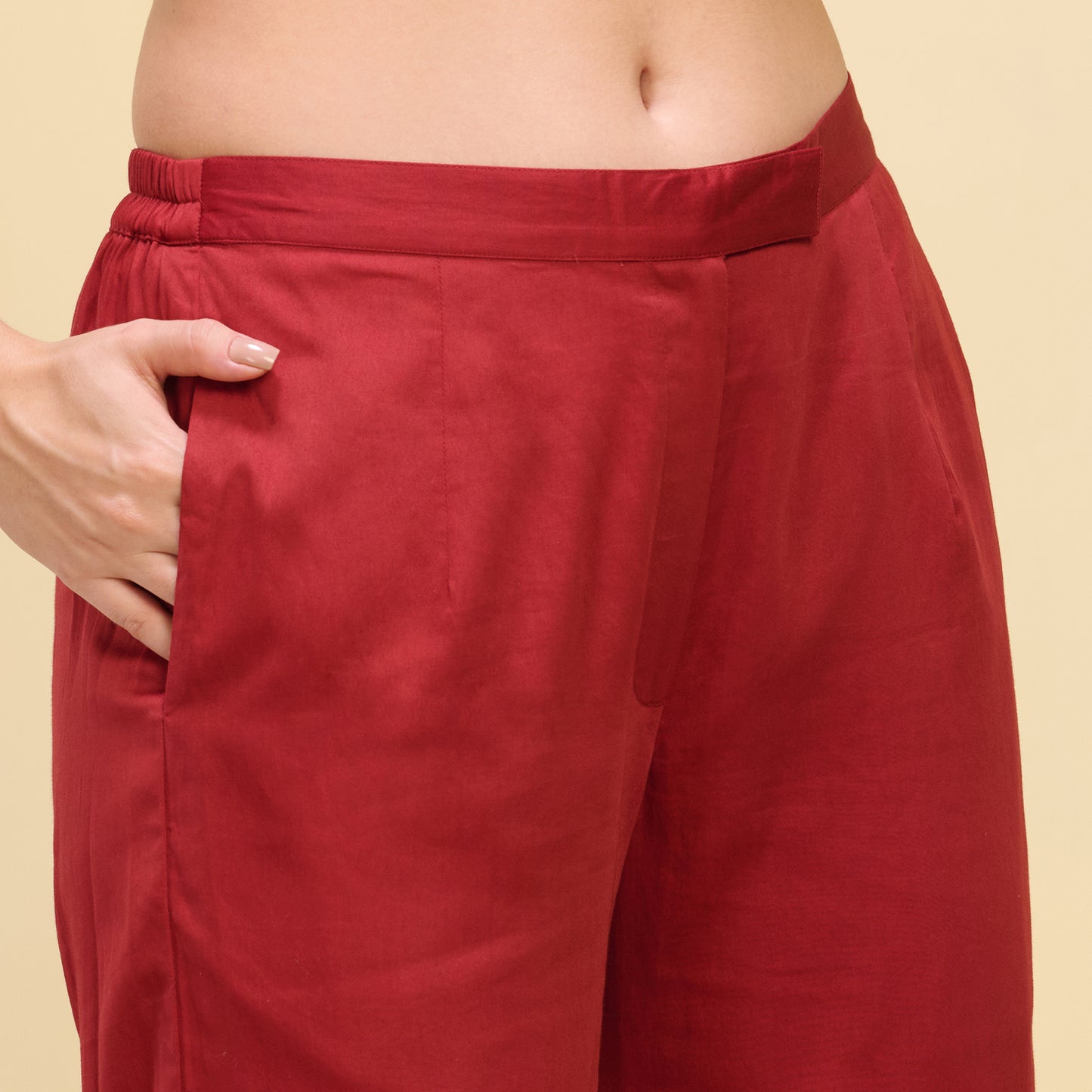 Red Folded Hem Straight Trouser