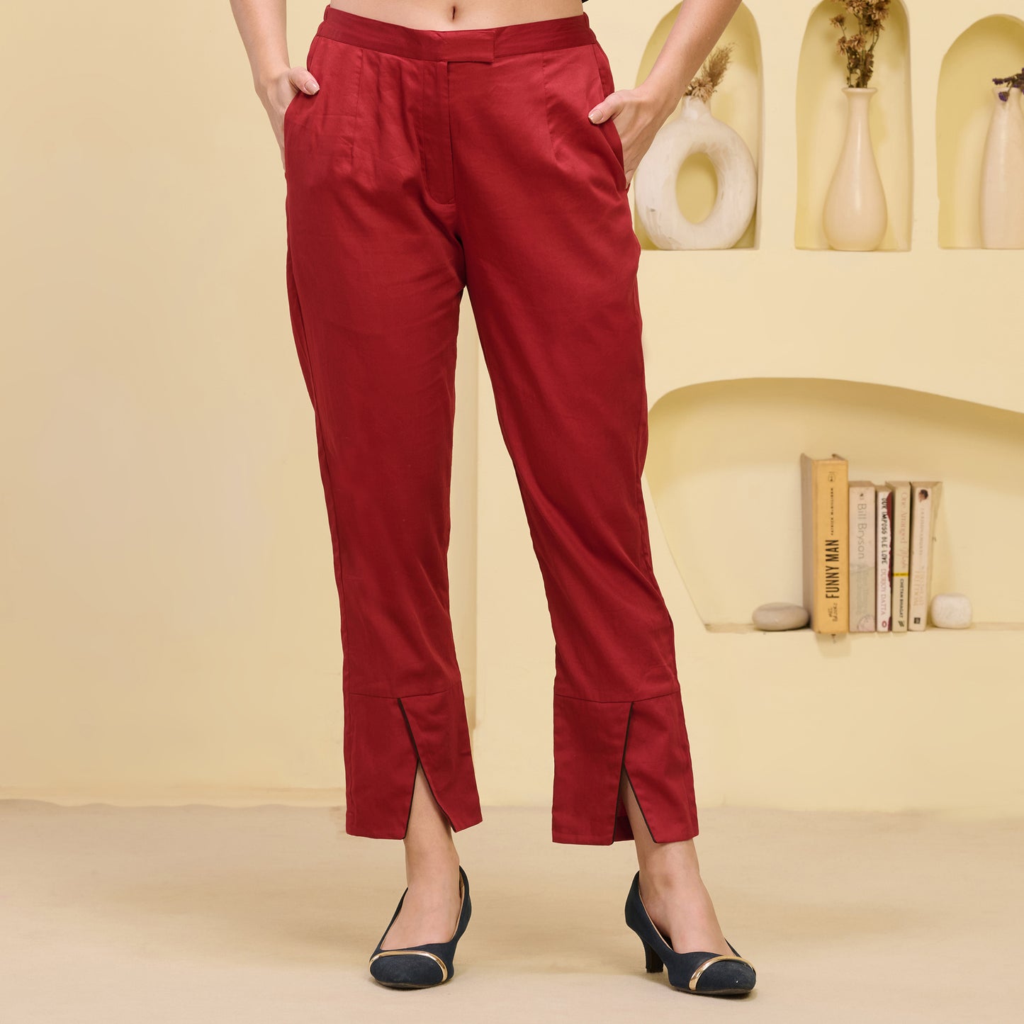 Red Straight Trouser with Black Cross Hem