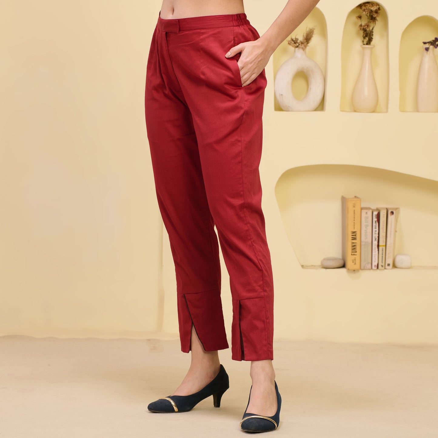 Red Straight Trouser with Black Cross Hem