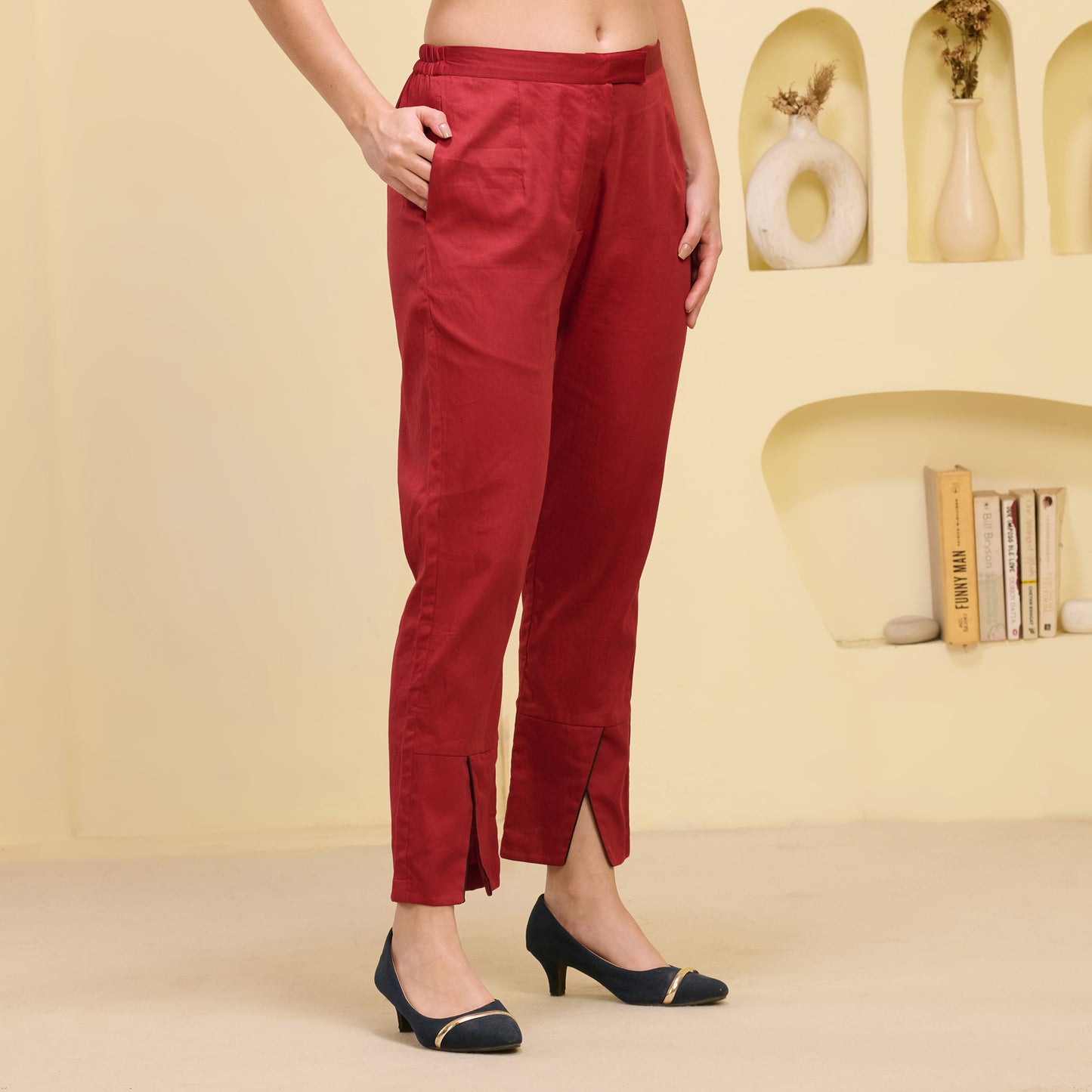 Red Straight Trouser with Black Cross Hem