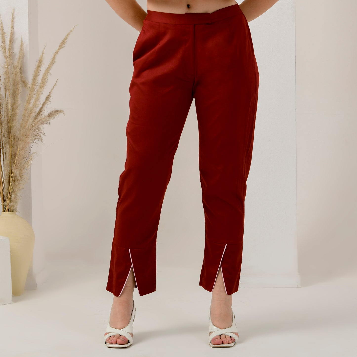 Red Straight Trouser with Pink Cross Hem