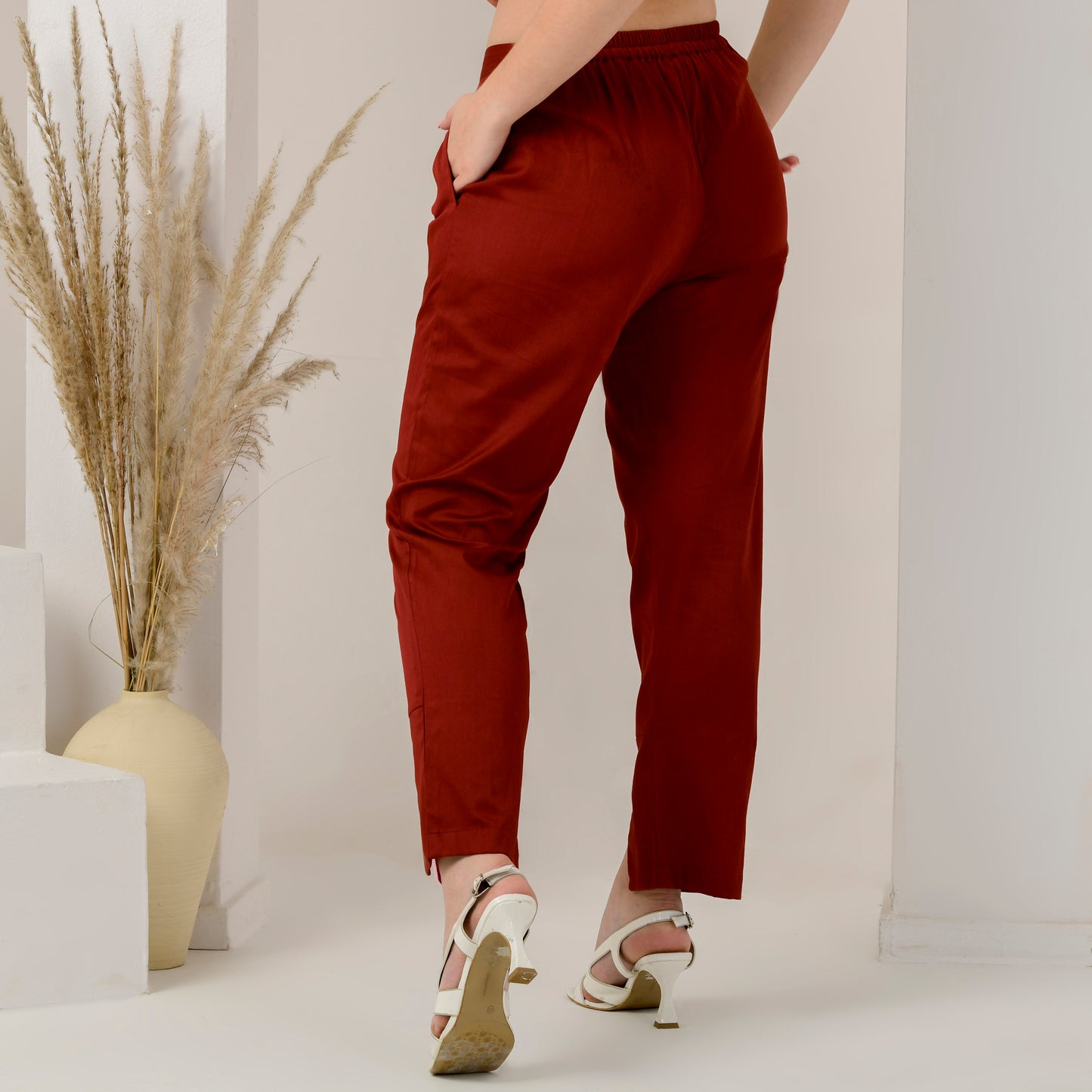 Red Straight Trouser with Pink Cross Hem