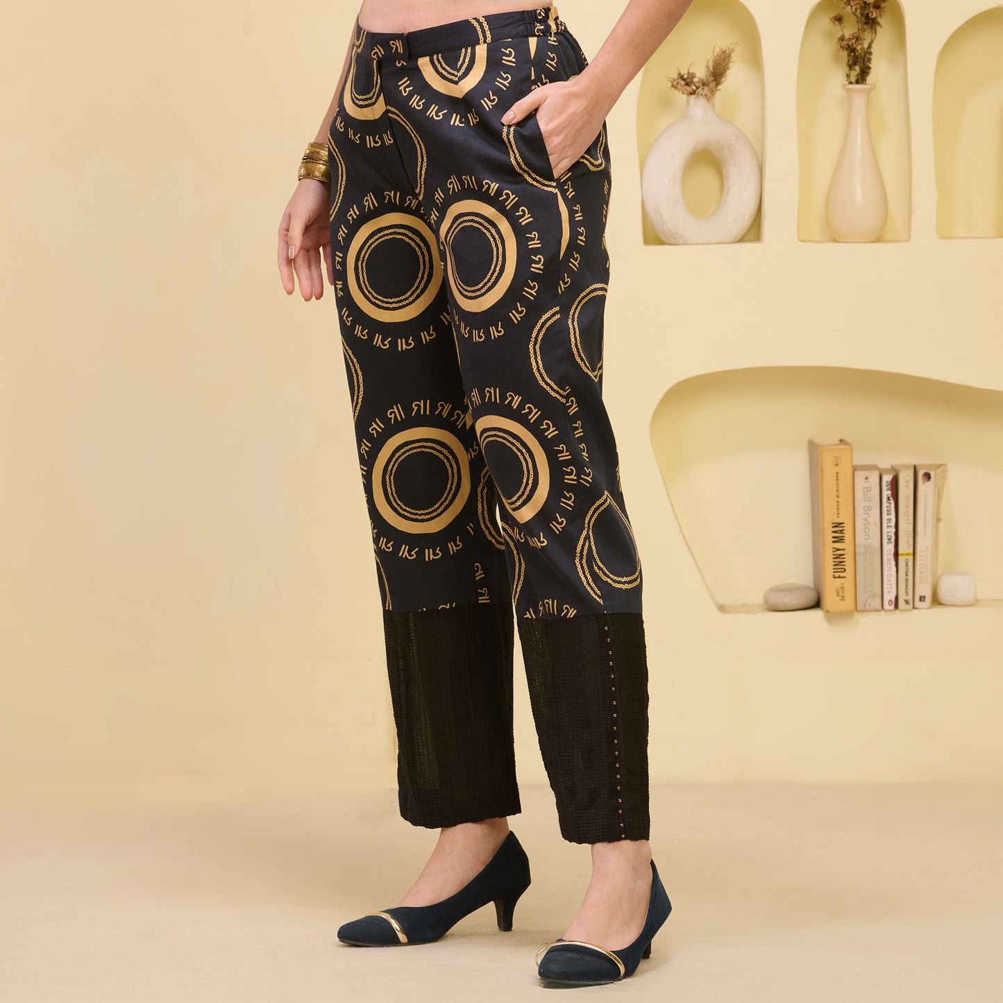 Black and Golden Maa Print Embellished Straight Trouser