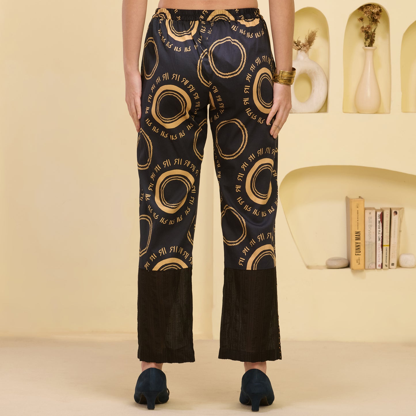 Black and Golden Maa Print Embellished Straight Trouser