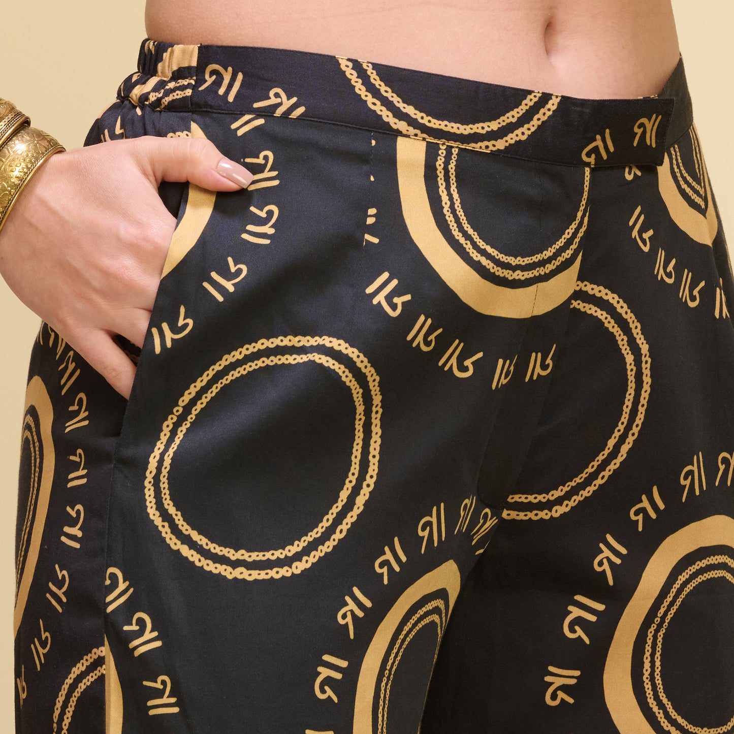 Black and Golden Maa Print Embellished Straight Trouser