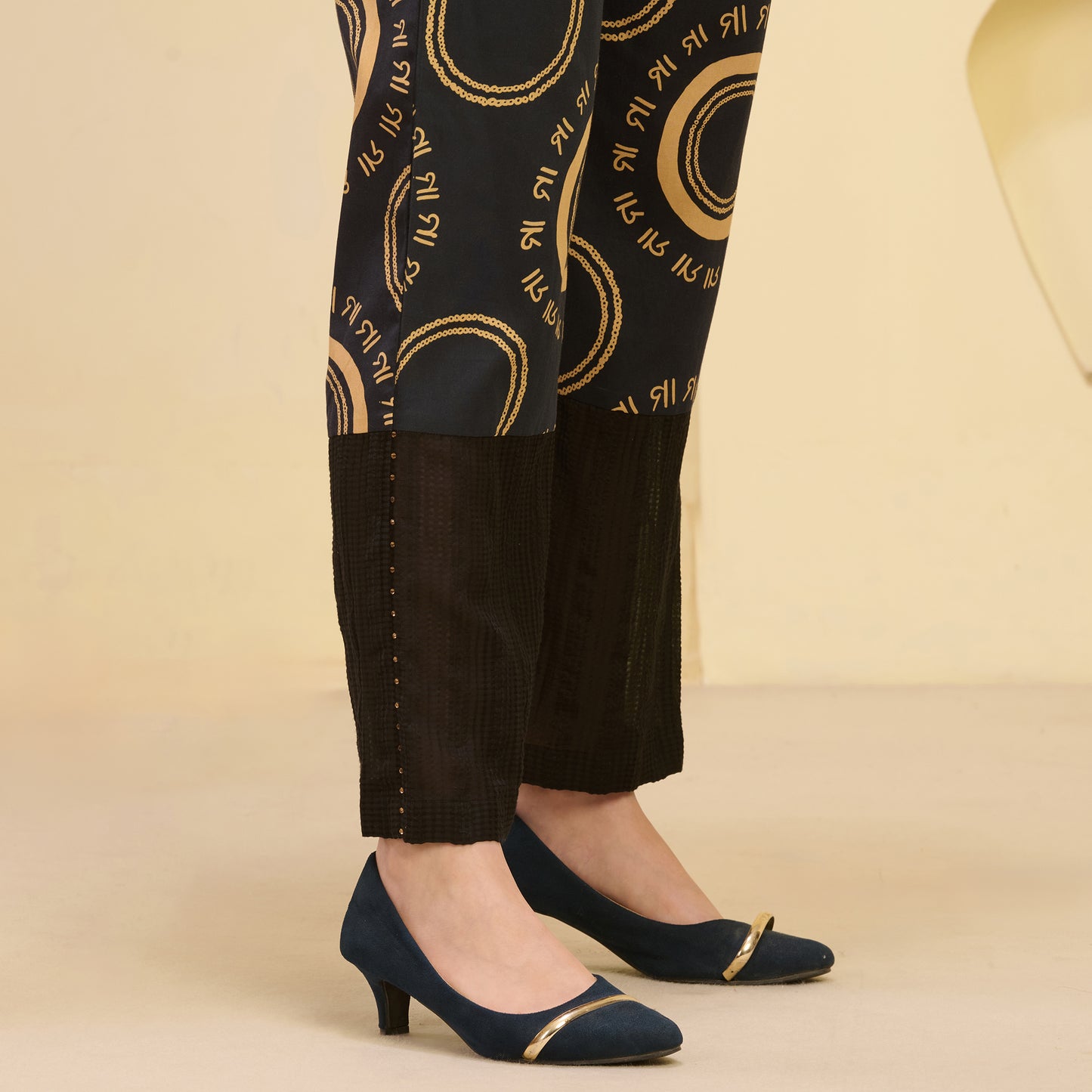 Black and Golden Maa Print Embellished Straight Trouser