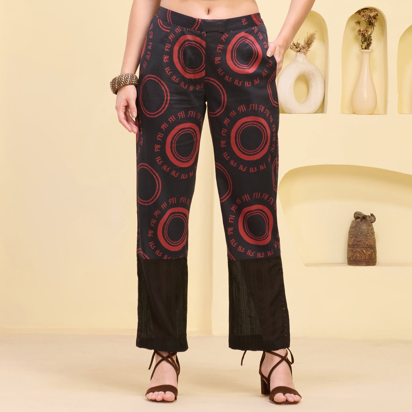 Black and Red Maa Print Embellished Straight Trouser