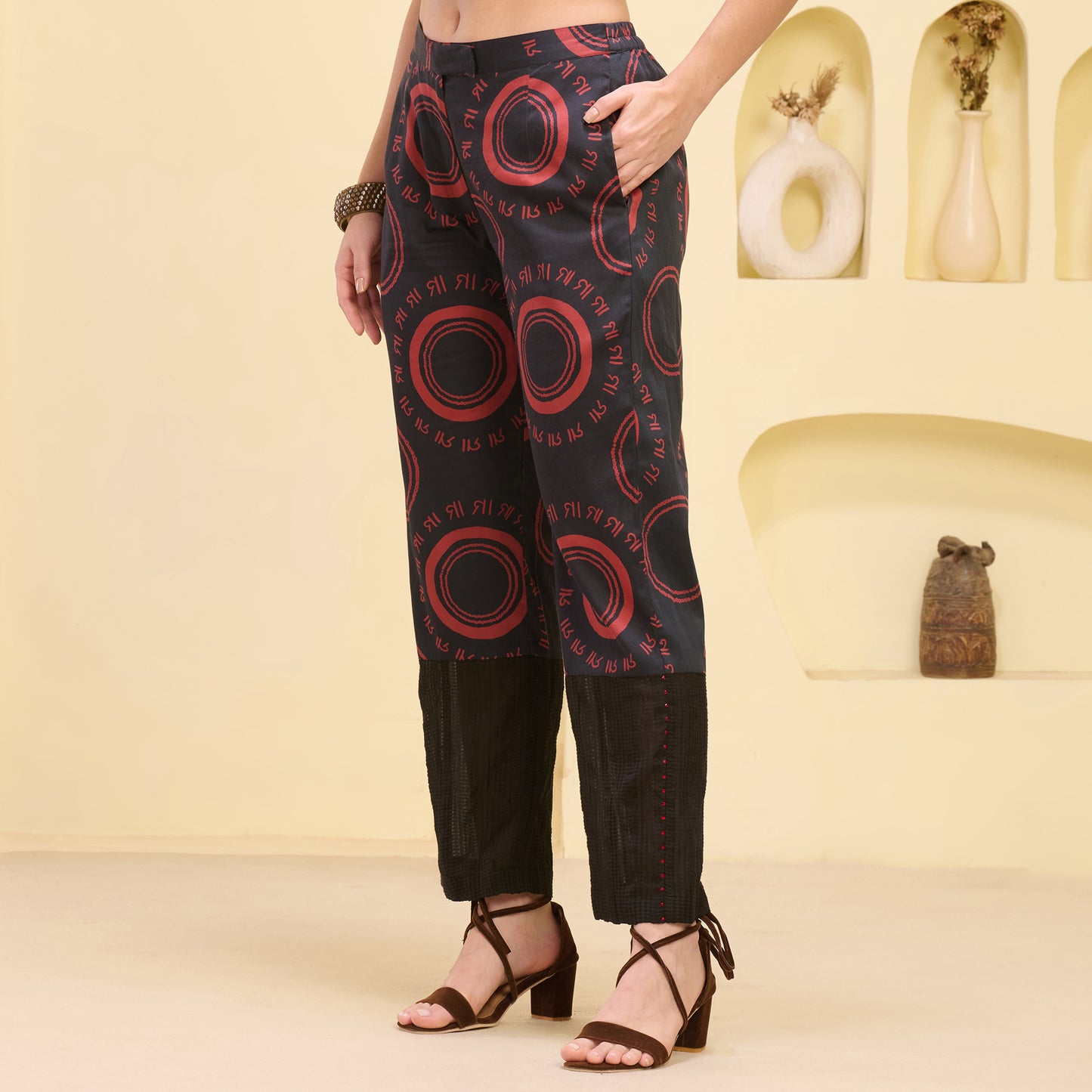 Black and Red Maa Print Embellished Straight Trouser