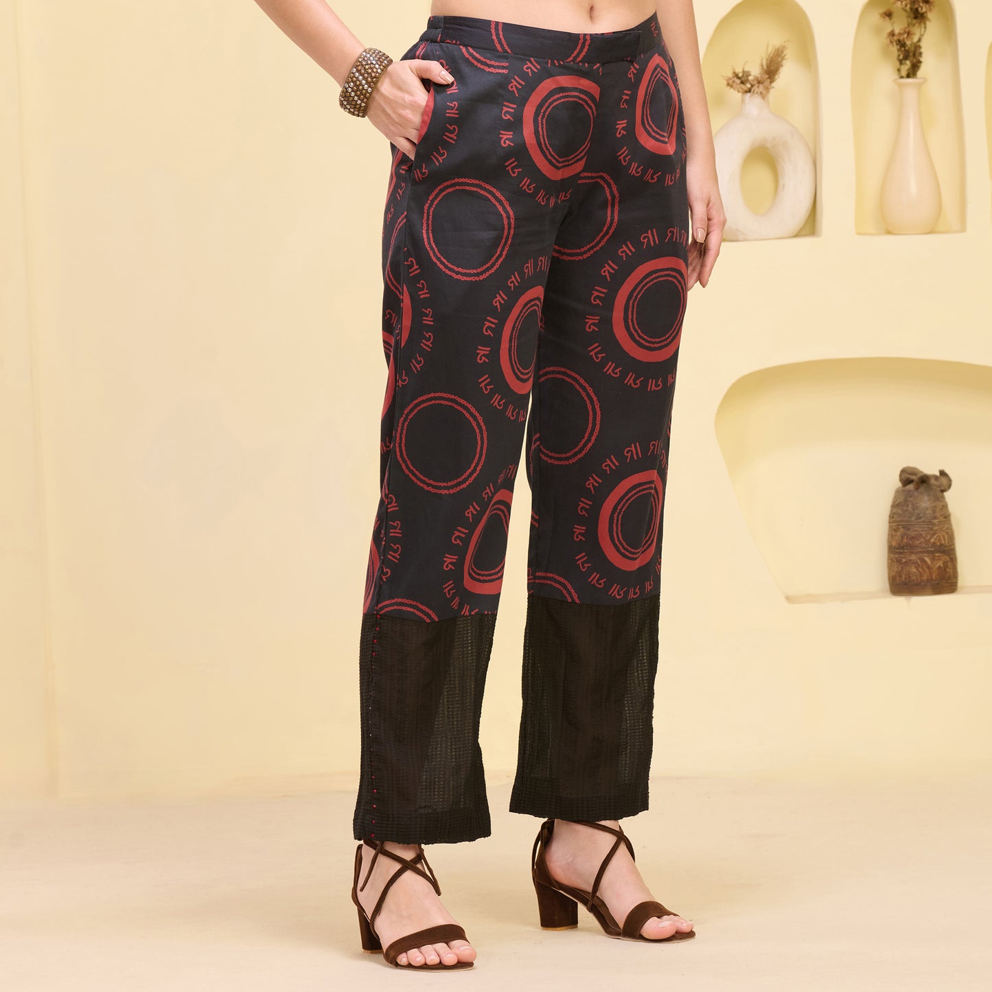 Black and Red Maa Print Embellished Straight Trouser