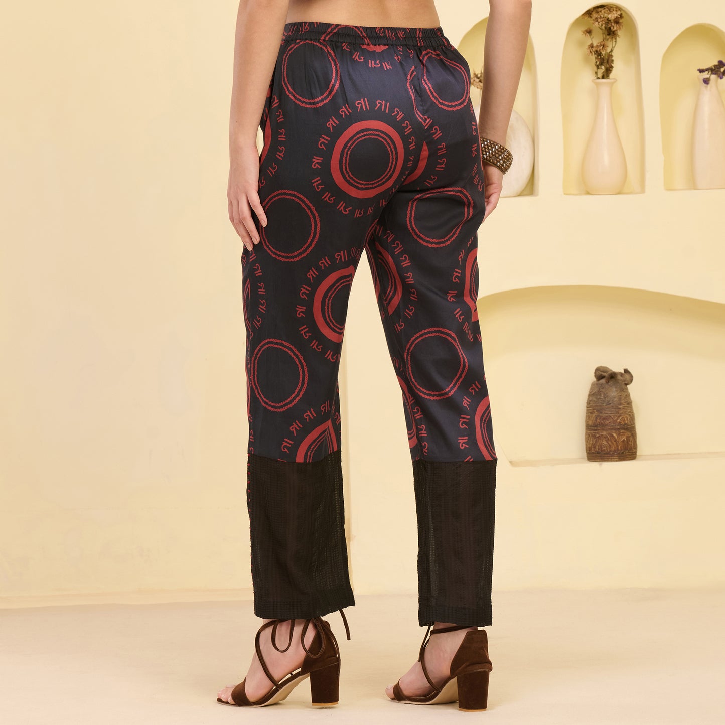 Black and Red Maa Print Embellished Straight Trouser