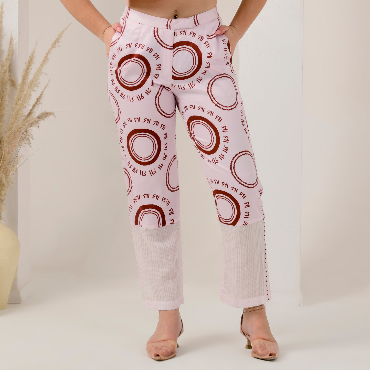 Pink and Red Maa Print Embellished Straight Trouser