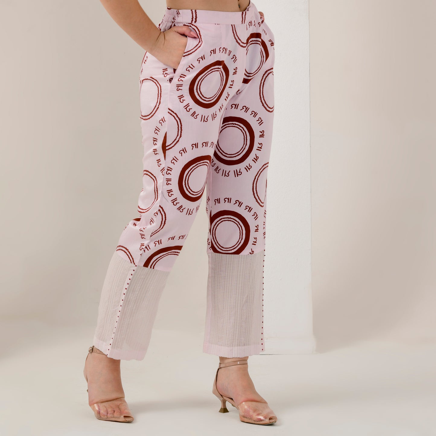 Pink and Red Maa Print Embellished Straight Trouser