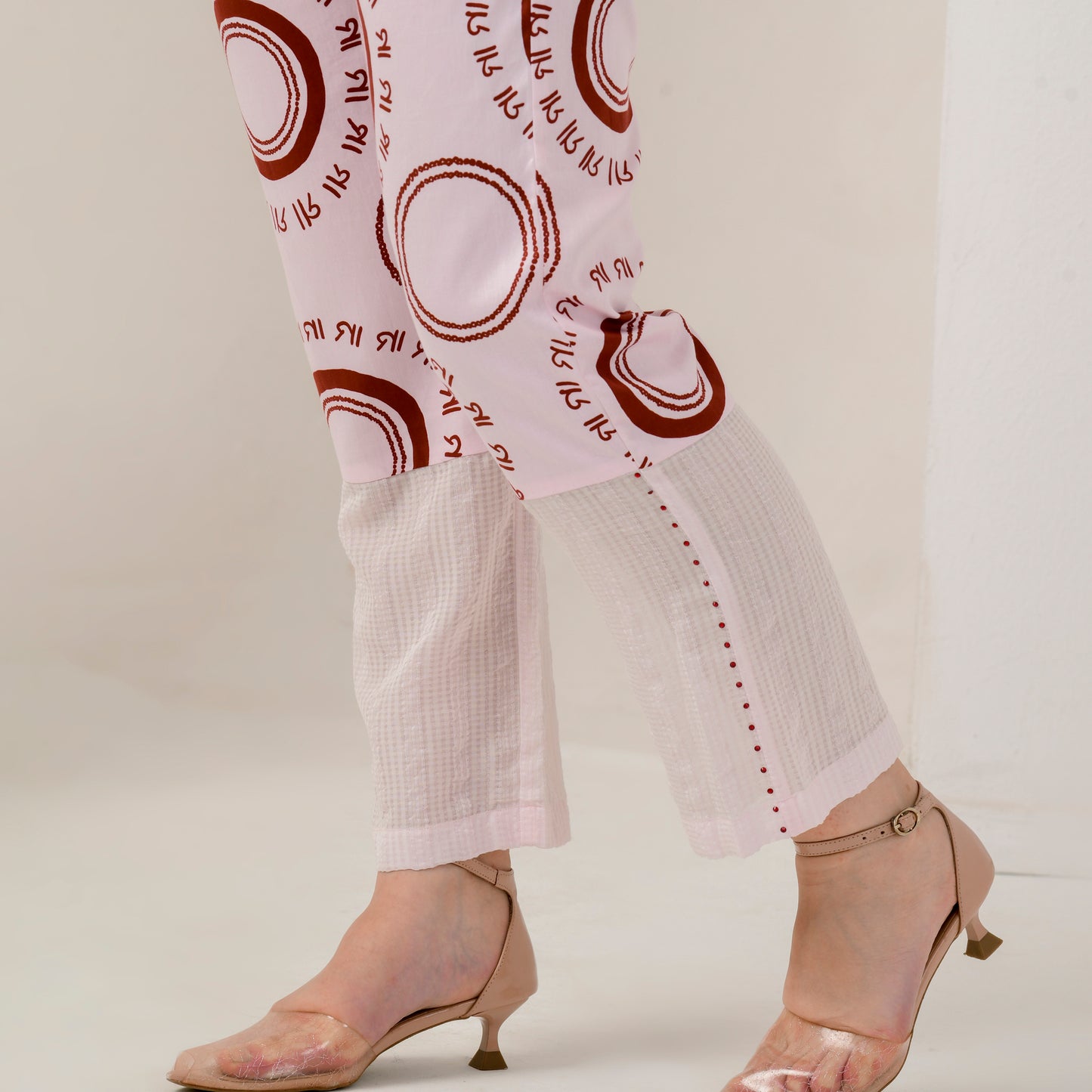 Pink and Red Maa Print Embellished Straight Trouser