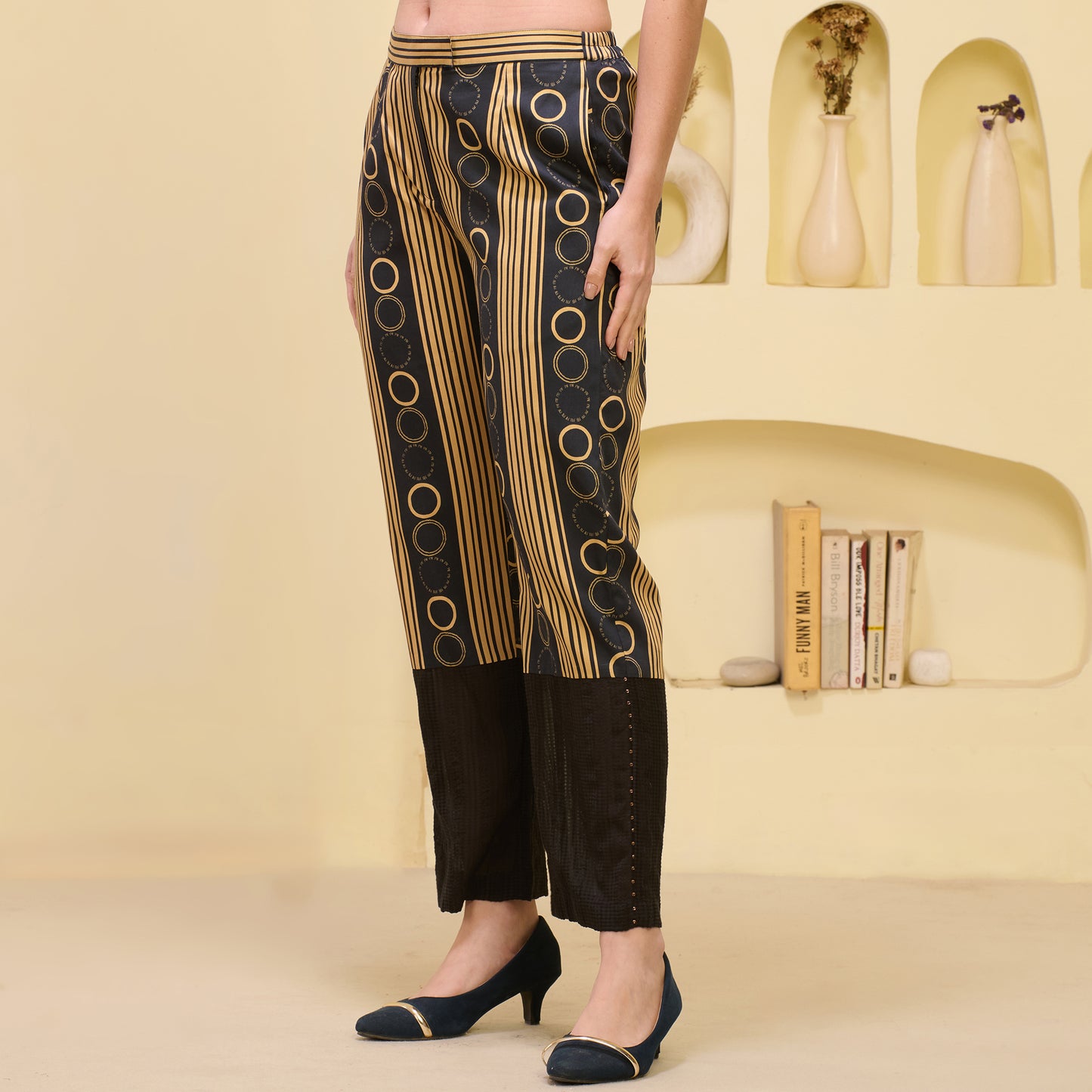 Black and Golden Powerful Stripe Print Embellished Straight Trouser