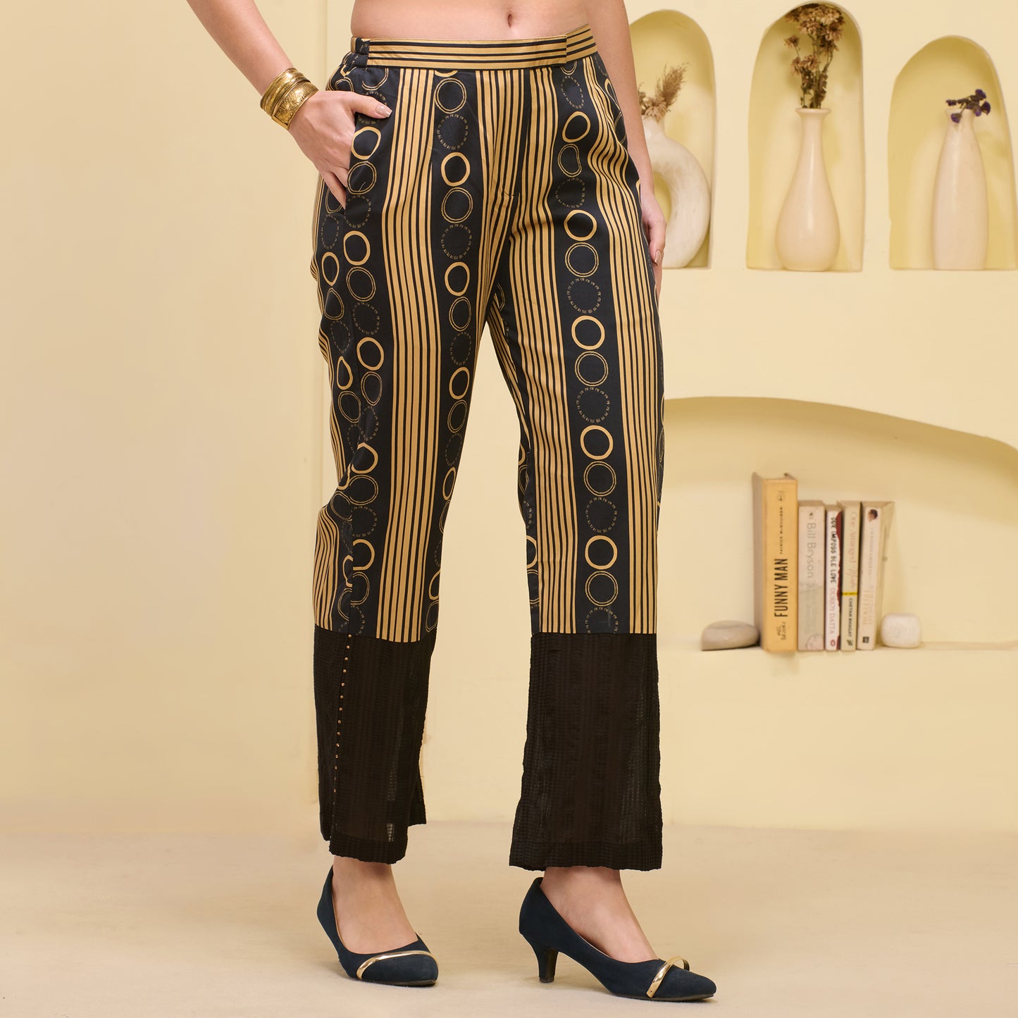 Black and Golden Powerful Stripe Print Embellished Straight Trouser