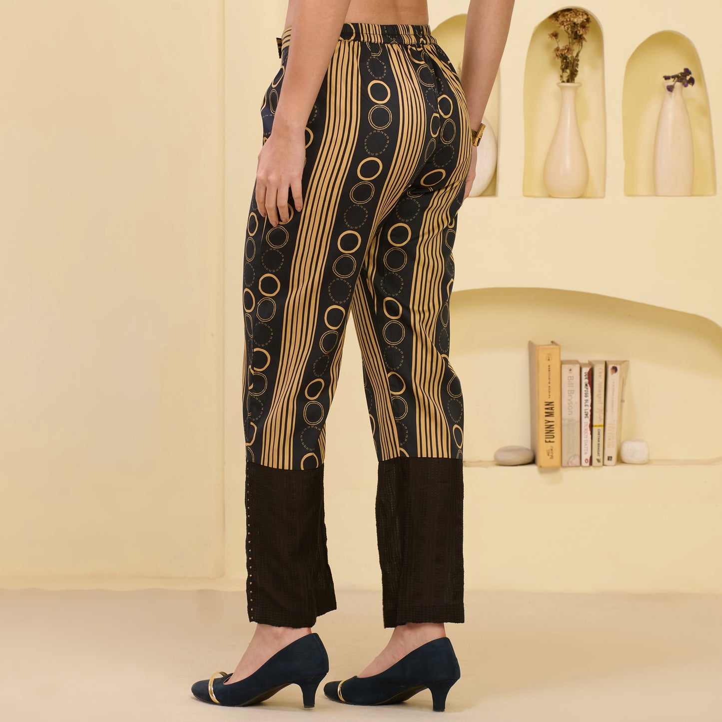 Black and Golden Powerful Stripe Print Embellished Straight Trouser