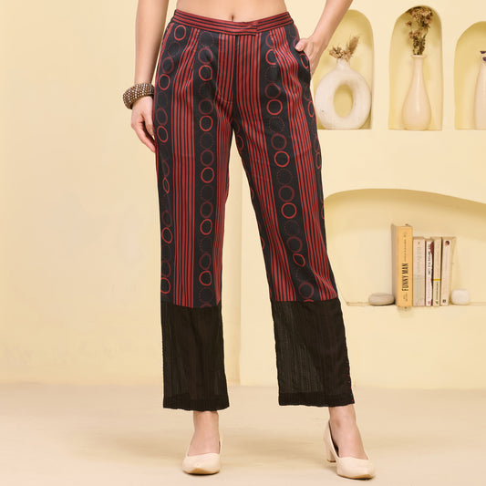 Black and Red Powerful Stripe Print Embellished Straight Trouser