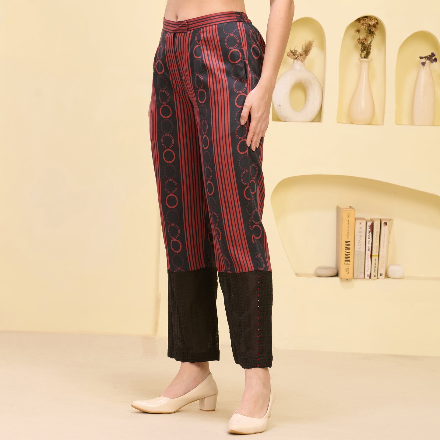 Black and Red Powerful Stripe Print Embellished Straight Trouser