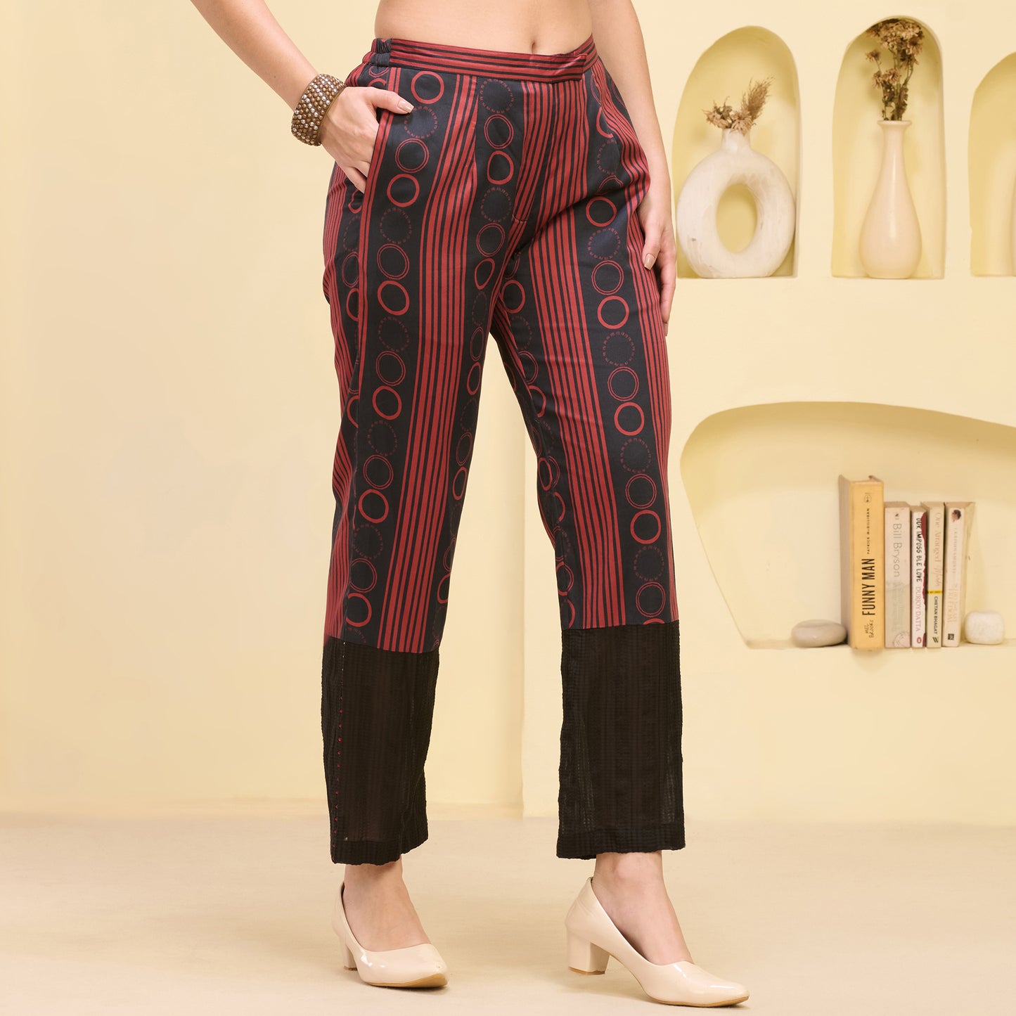 Black and Red Powerful Stripe Print Embellished Straight Trouser