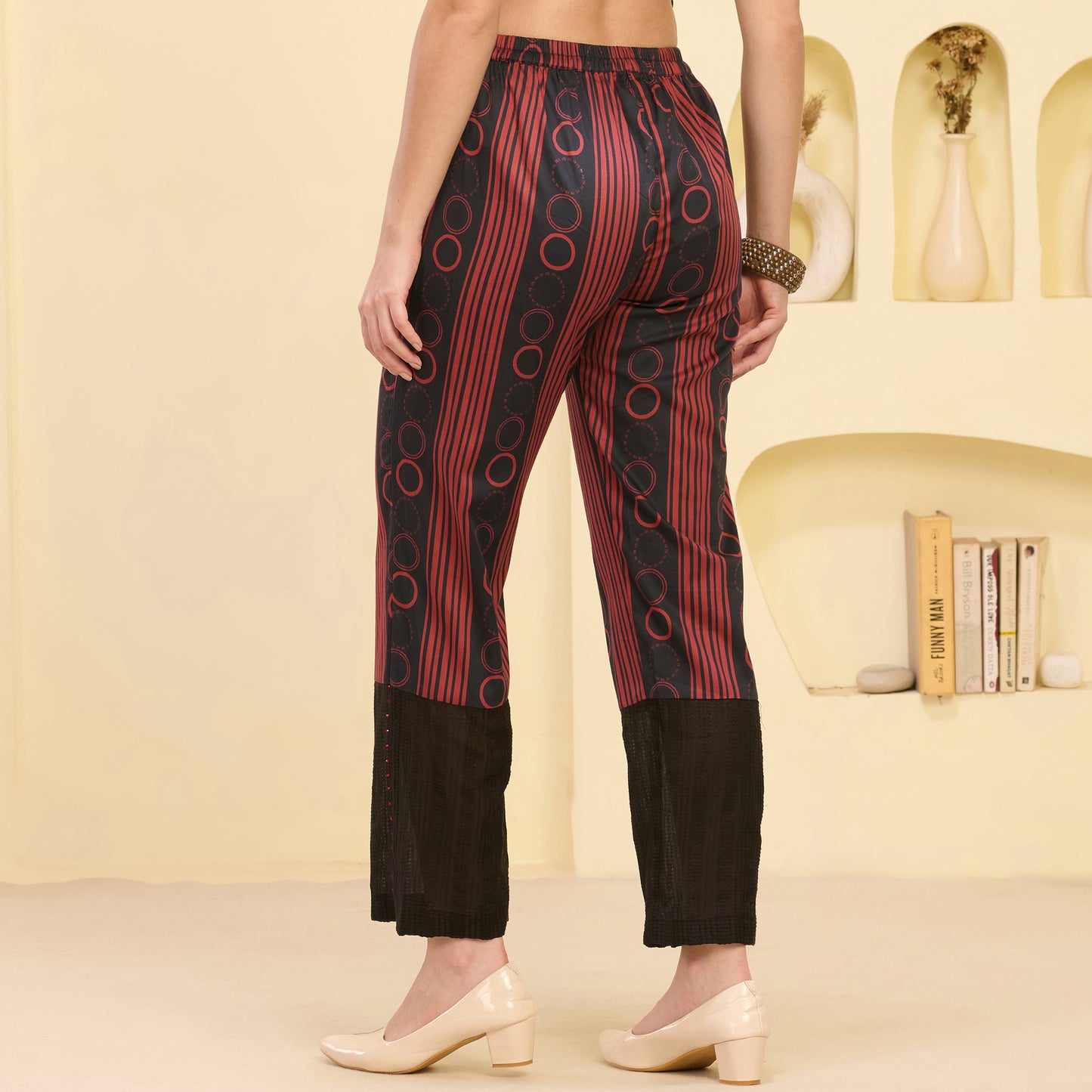 Black and Red Powerful Stripe Print Embellished Straight Trouser